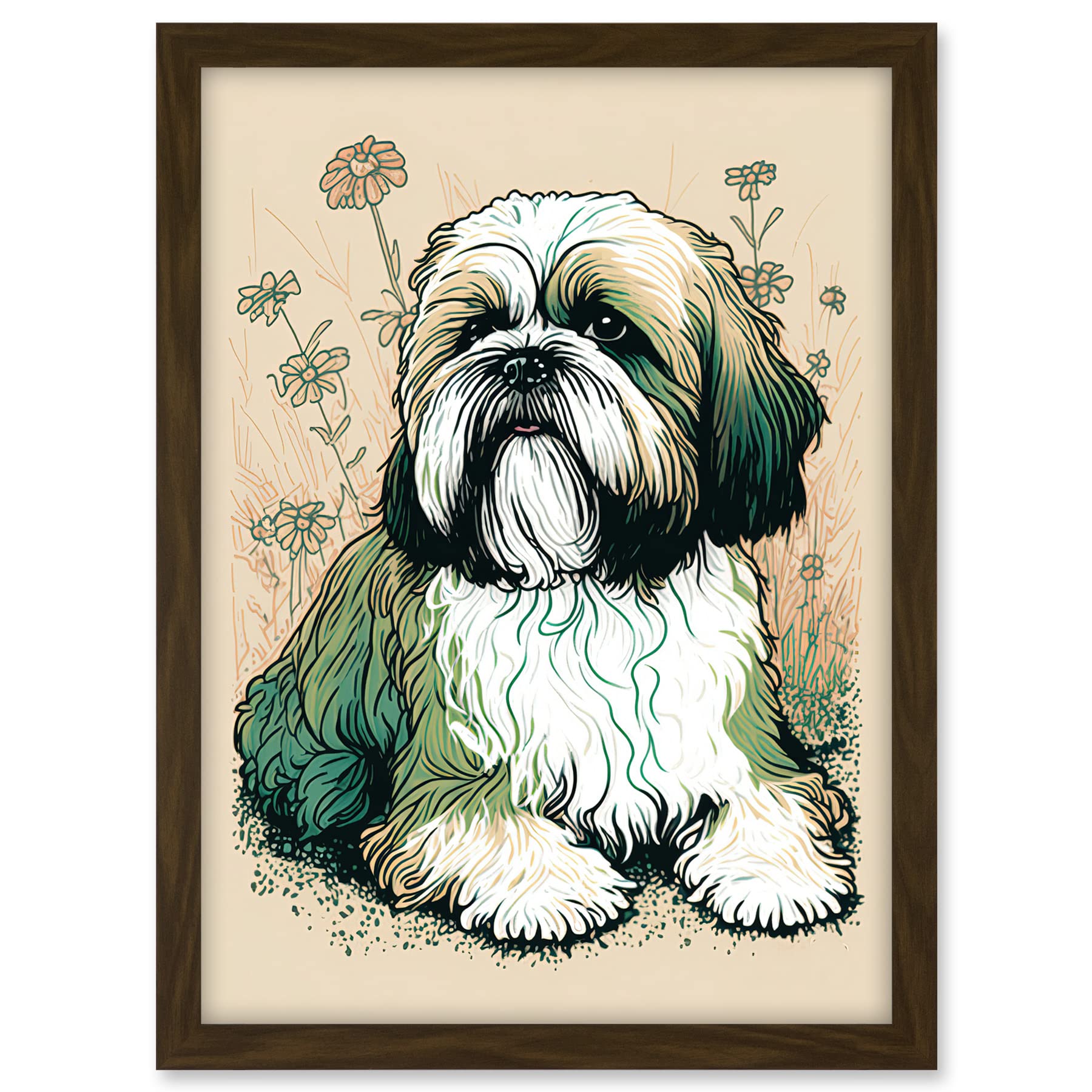 Artery8 Shih Tzu Dog with Daisies Modern Multicoloured Linocut Illustration Artwork Framed A3 Wall Art Print