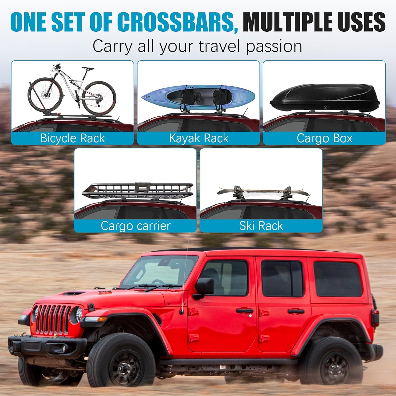 Roof Rack Cross Bars for Jeep Wrangler JK JL Gladiator JT 2007-2026, 2 & 4 Door Accessories, 220lbs Aluminum Roof Rack Crossbars Storage, for Bicycle, Kayak, Cargo Box, Cargo Carrier, Skiboard