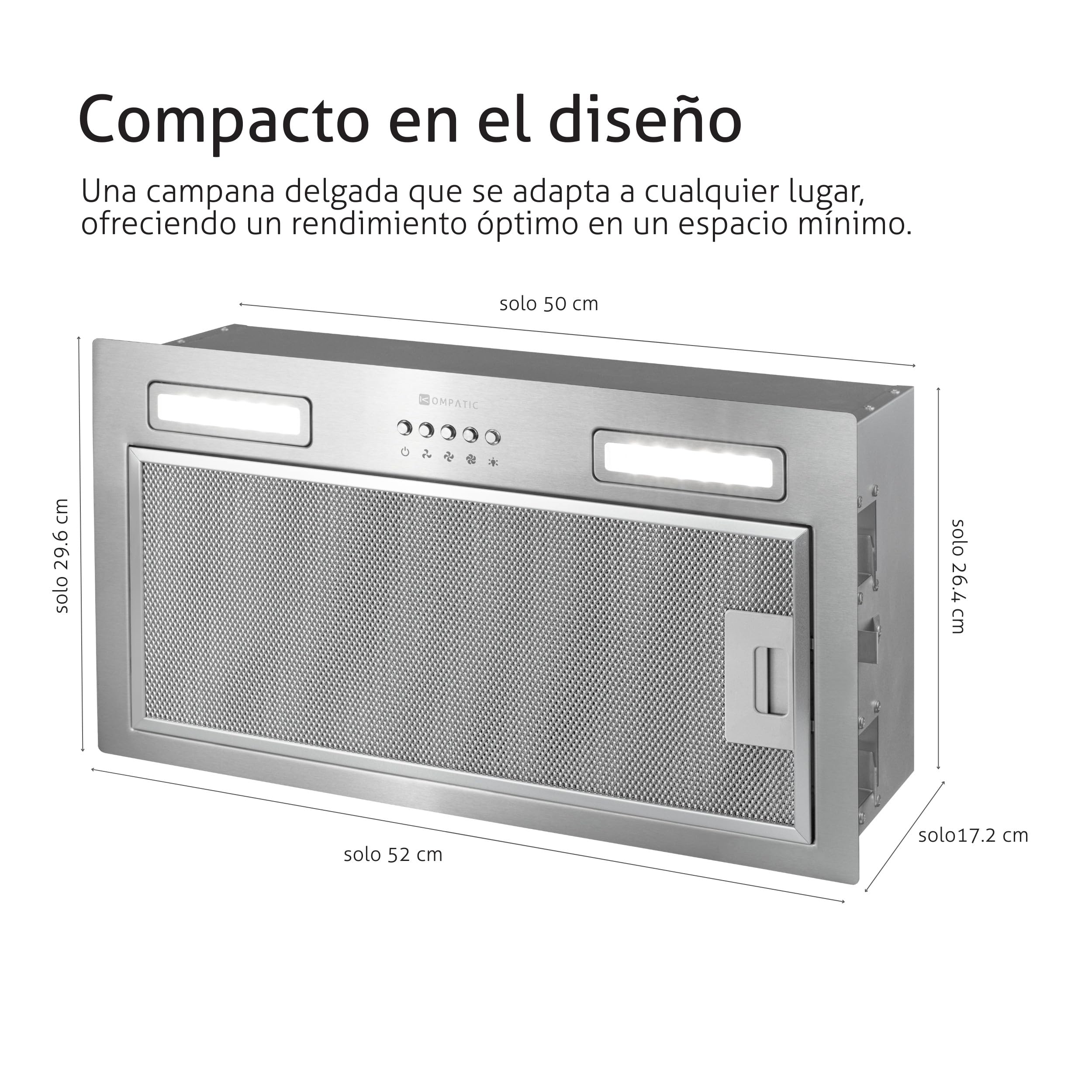 Lane 50 KLN50SI Campana Extractora Encastrable 50cm, A+++, 450 m³/h, Con Filtro de Carbón KCF4, Temporizador, Control electrónico, Iluminación LED, 3 velocidades + boost, Acero Inoxidable