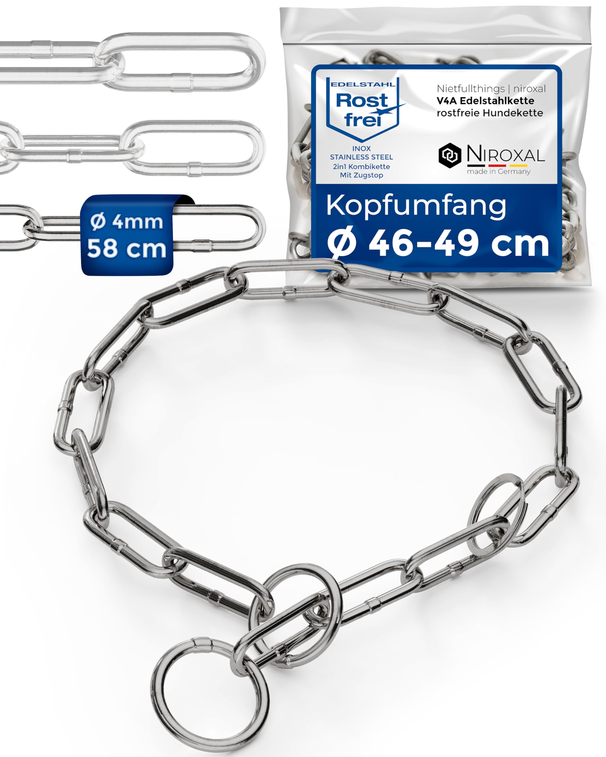 Cadena de Adiestramiento para Perros de Acero Inoxidable con Tope de Tracción, Eslabones Largos, 4 mm x 58 cm, Collar Resistente para Entrenamiento y Paseos Diarios