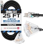 Iron Forge Cable 3 Outlet 10 Gauge Extension Cord 25 ft, 10/3 Heavy Duty Extension Cord with Multiple Plugs 3 Prong, SJTW Weatherproof Outdoor Power Cable Multi Outlets for Major Appliances