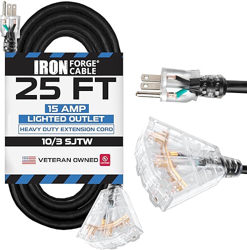 Miniatura 55 de Iron Forge Cable Cable de extensión de calibre 10 de 10 pies para exteriores con 3 tomas de corriente, cable de extensión naranja SJTW de 15