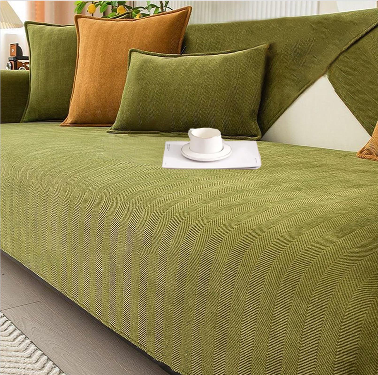 Soft Chenille Sofa Cover – Non-Slip, Washable & Pet-Friendly Couch Protector – Fits Multiple Styles – Modern Colours for Home Décor (Matcha Green (A), 110×110cm)