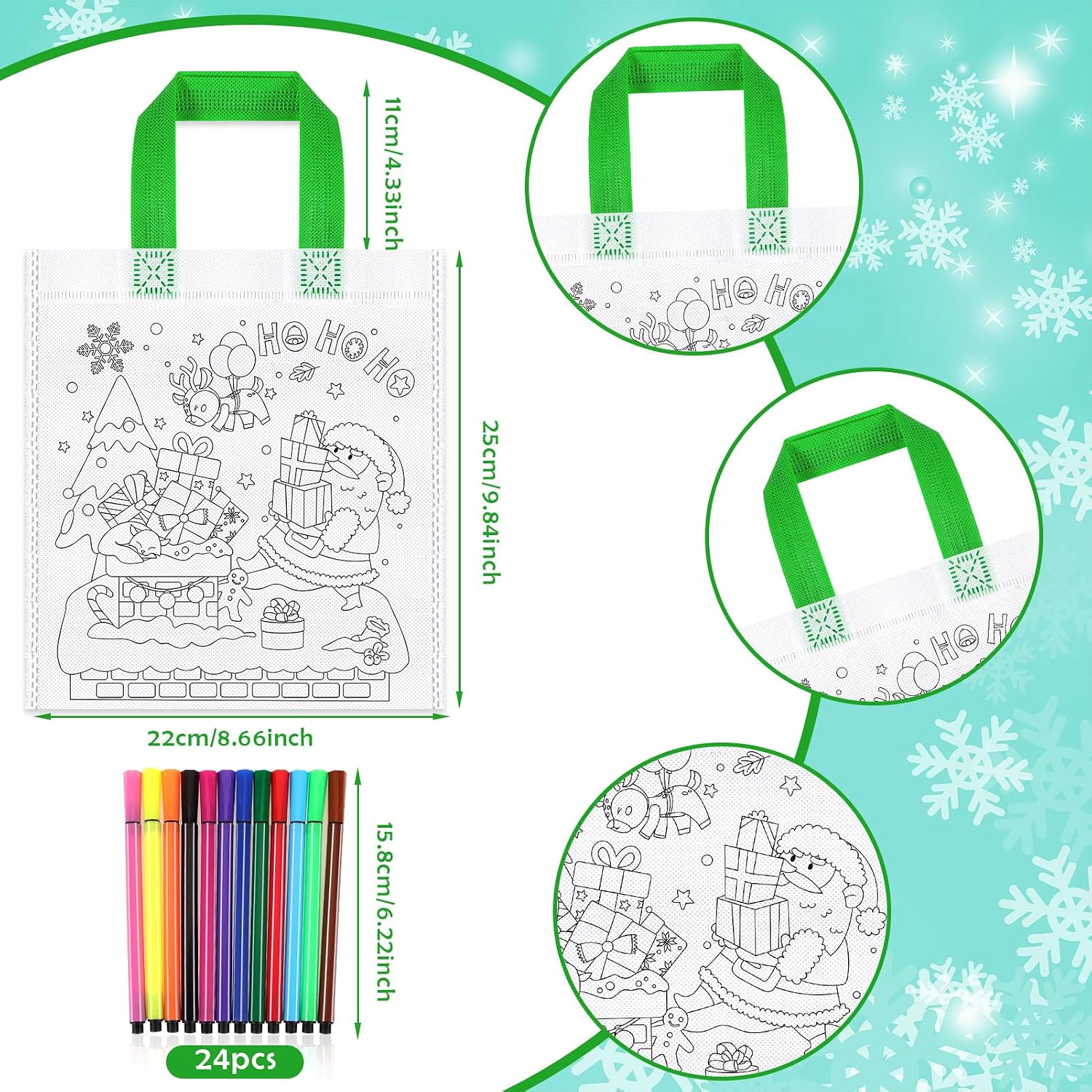 HOWAF 12pcs Christmas Color Your Own Bag, Christmas Coloring Goodie Bags for Kids with Markers, Xmas Reusable Party Favor Bags for Holiday DIY Painting, Santa Snowman Elk Coloring Bag