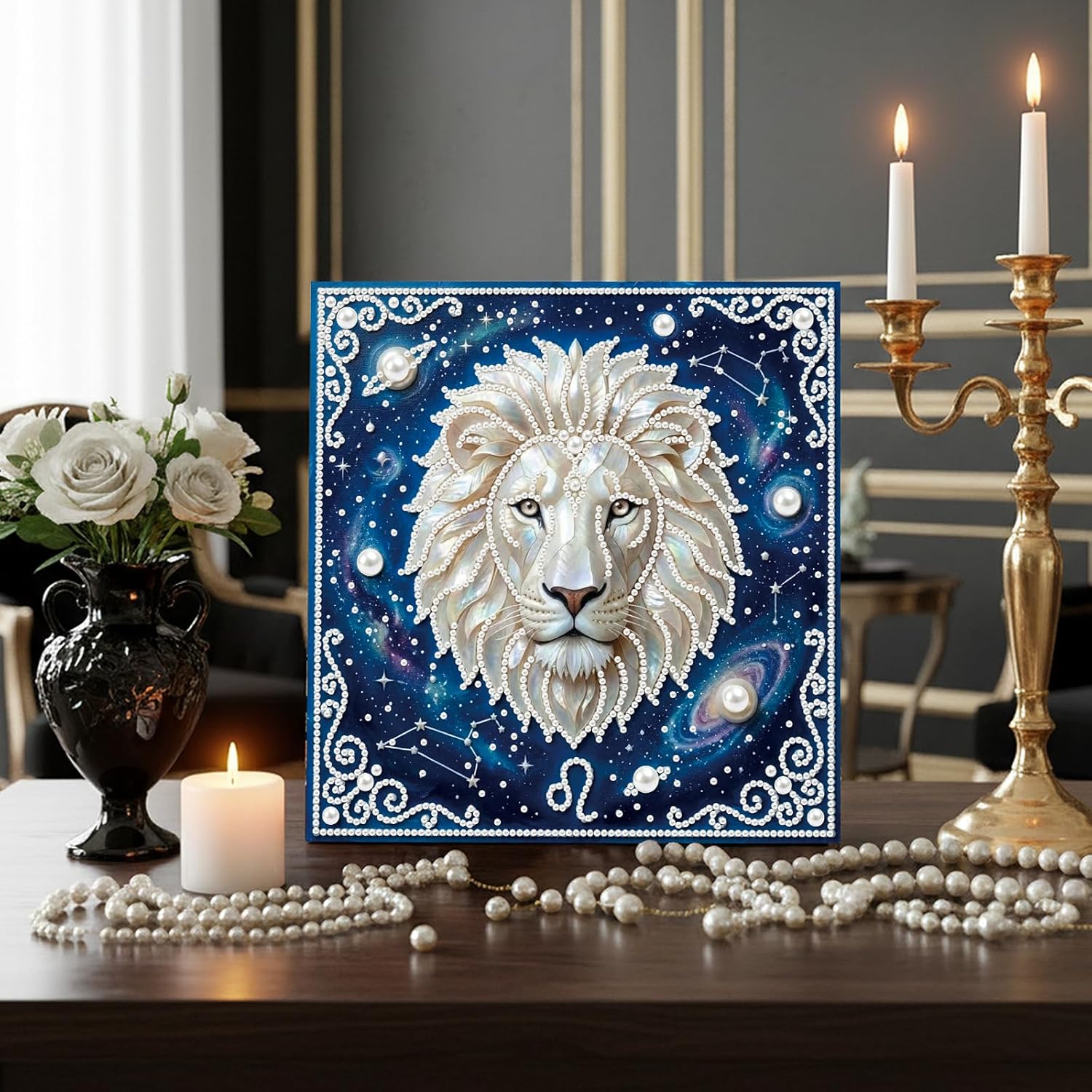 DIY Lion Constellation Pearl Diamond Art Painting Kit for Adults Beginners Gift Idea Home Wall Decor Pearl Gem Paintings Picture Arts Craft 25x25cm with Frame