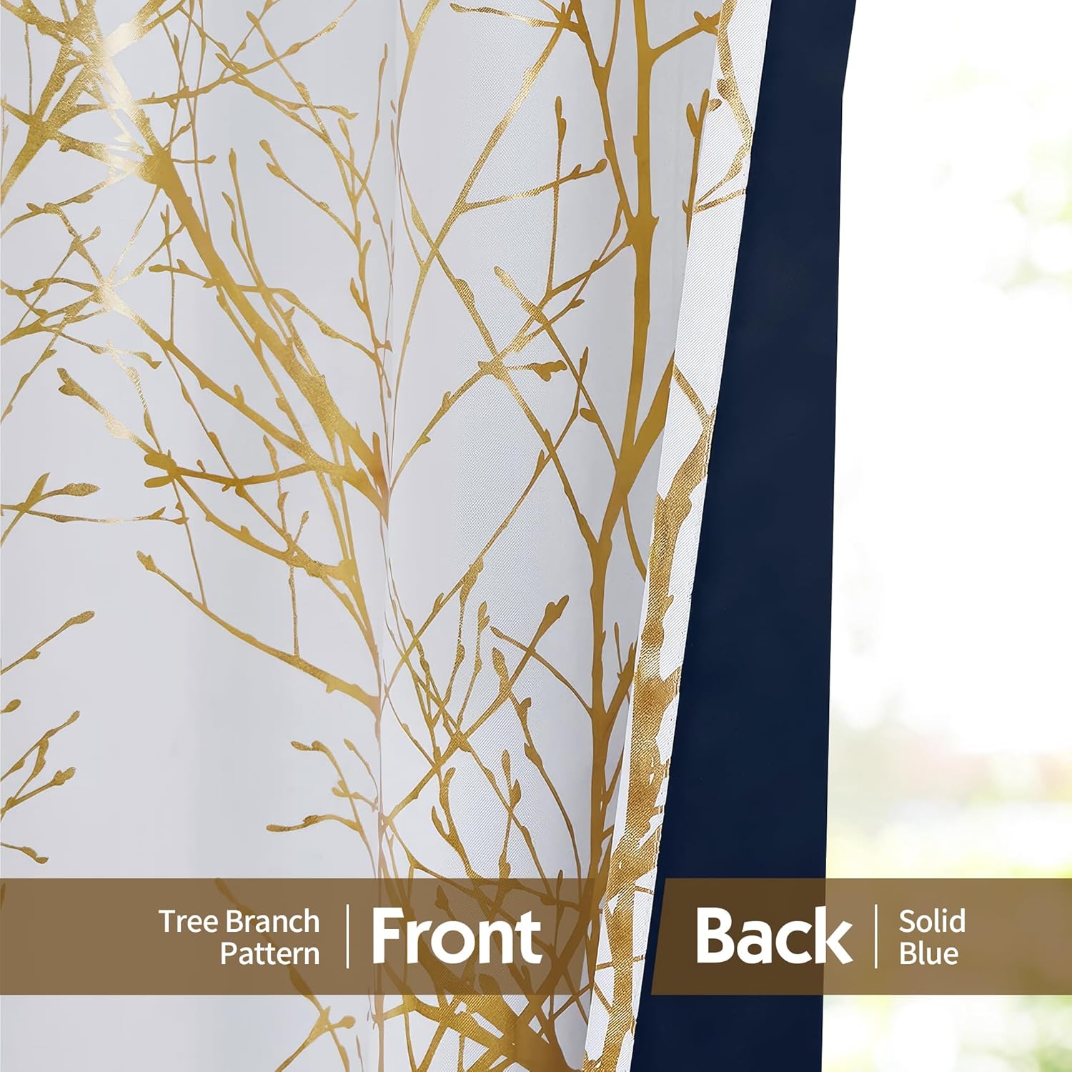 Fmfunctex 100% Blackout Curtains Gold White Branch Curtains for Bedroom, Curtains 45 Inch Length Thermal Insulated Drapes for Small Windows, Metallic Foil Gold Tree Print Curtain, Grommet Top 2 Panels