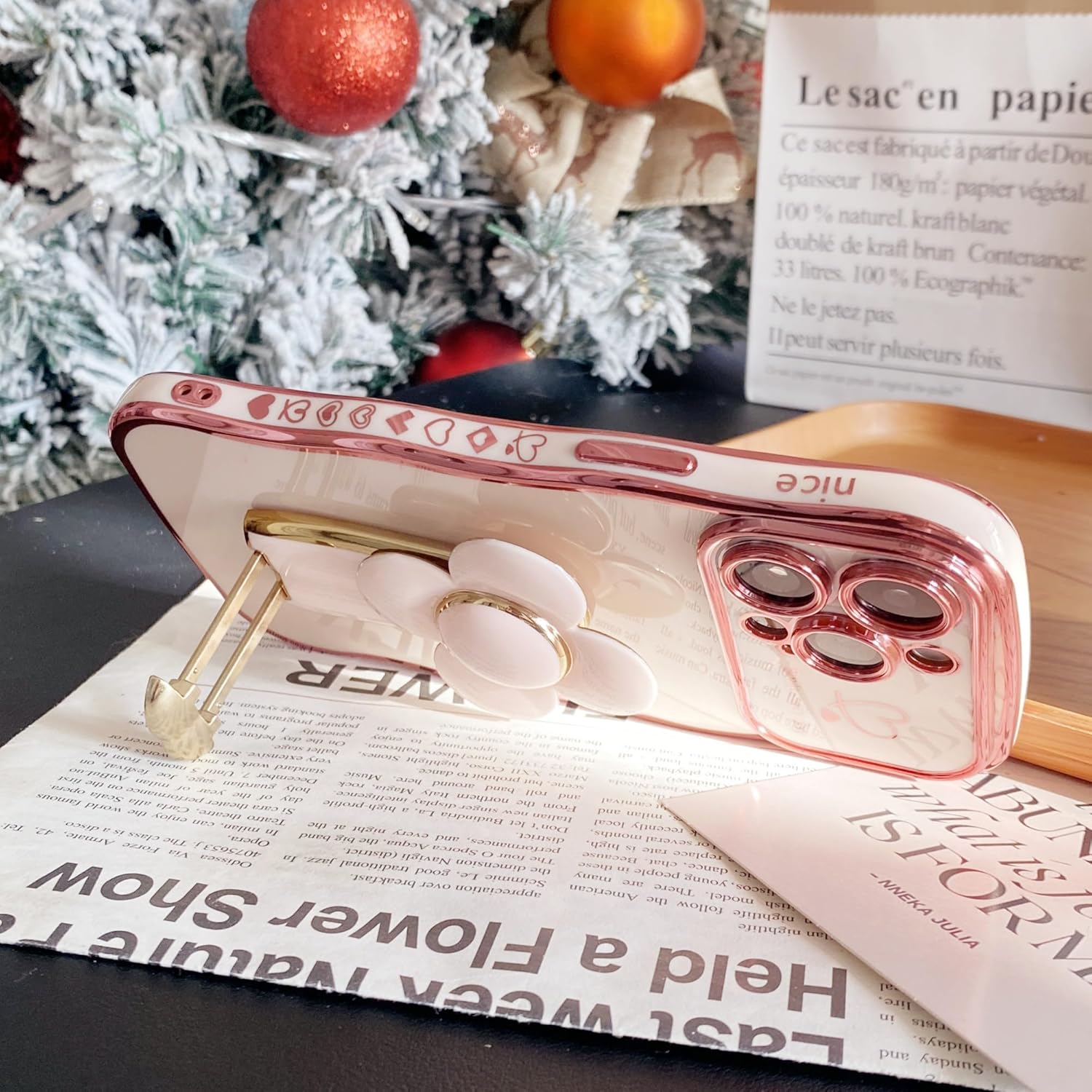 Compatible with iPhone 16 Case with Stand 360° Rotatable Relief Flower Ring Holder, Hidden Pull Phone Kickstand, Luxury Gilt Edge Line, Cute Wavy Design for Women and Girly - Image 3