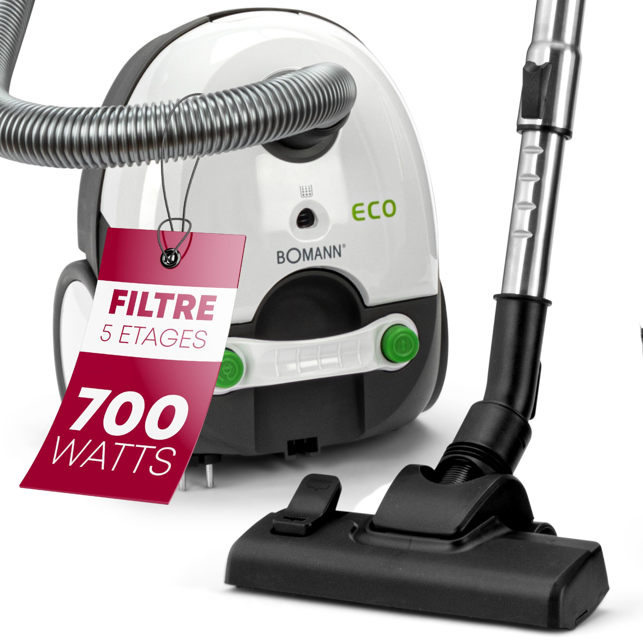 Bomann Aspirateur Traîneau avec Sac 700 W BS 9019 CB, Blanc et Gris | avec sac, tube télescopique acier inoxydable, micro-filtre, silencieux, accessoires inclus