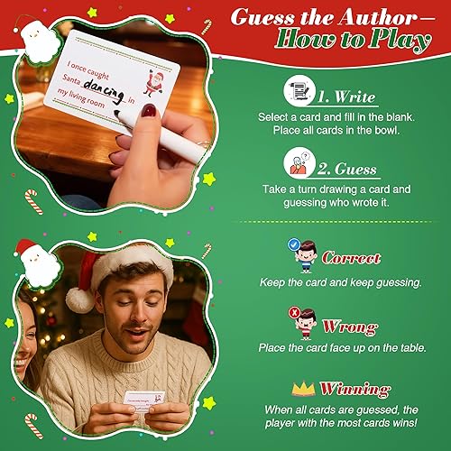 Miniatura 3 de Juego de cartas de Navidad para noche de juegos familiares, 120 tarjetas con 10 marcadores de borrado en seco, divertidos juegos de mesa para grupos