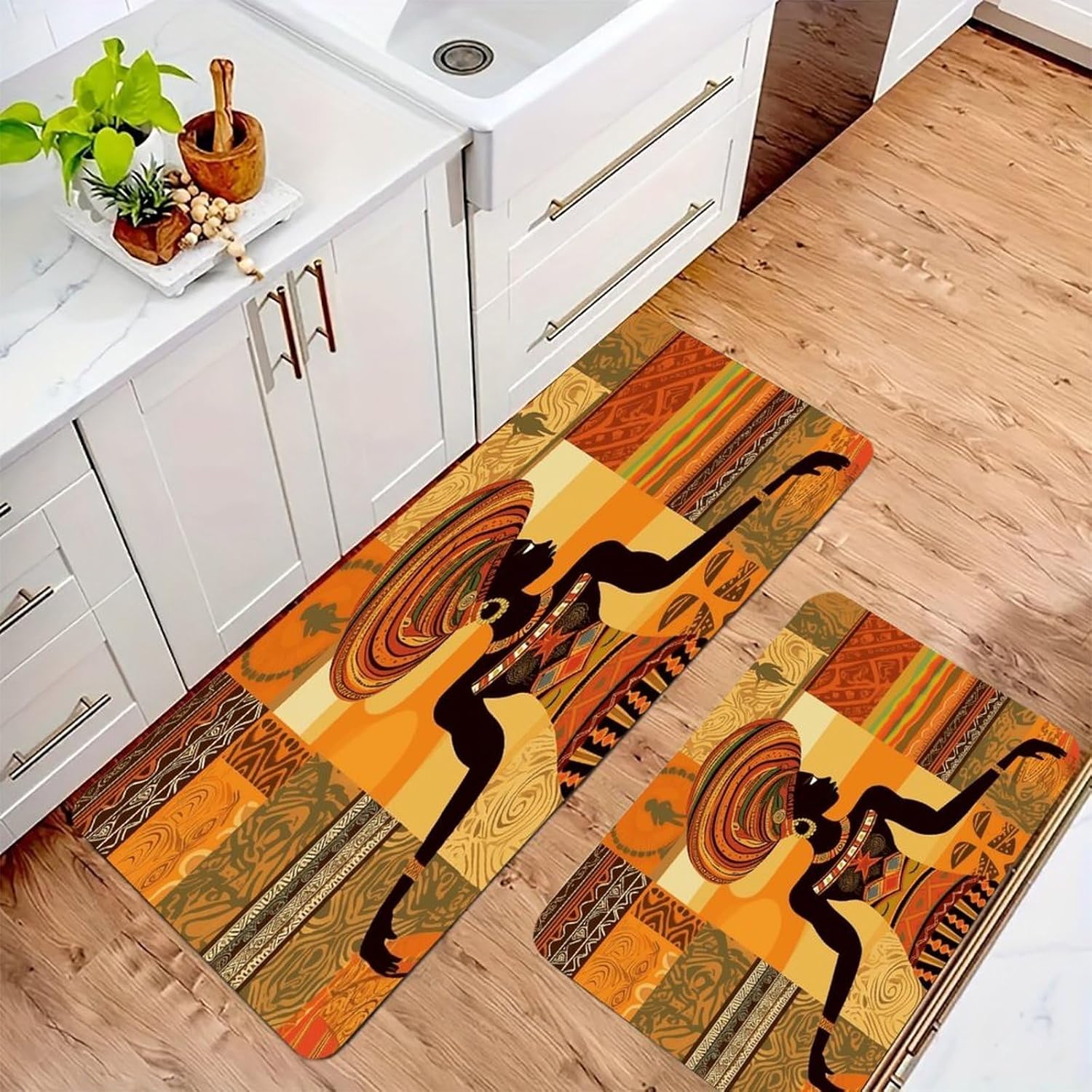 African Woman Kitchen Mat Washable Non Slip Rugs Soft Kitchen Mats for Floor Set of 2 PCS Cushioned Absorbent Runner Standing Rugs for Home Sink Laundry Office