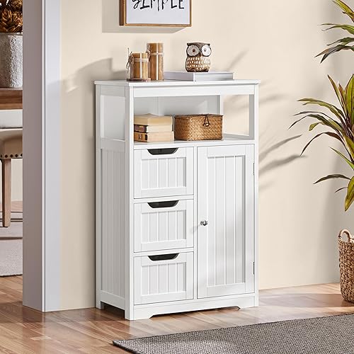 Miniatura 4 de Yaheetech Armario de suelo de baño, organizador de almacenamiento de madera con 1 puerta y 3 cajones, armario independiente para cocina, sala de