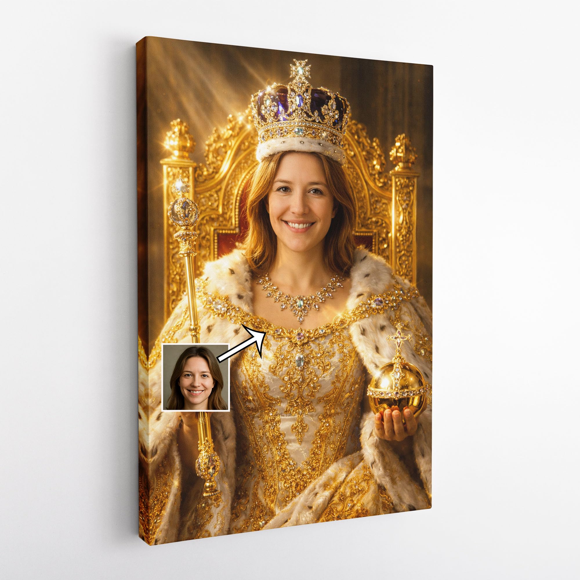 Large Framed Custom Royal Couple Portrait on Canvas – Turn Your Photos Into a Regal King and Queen – Hand-Crafted Artwork Printed Wrapped Canvas – Unique Personalised Gift Birthday Present (Queen)
