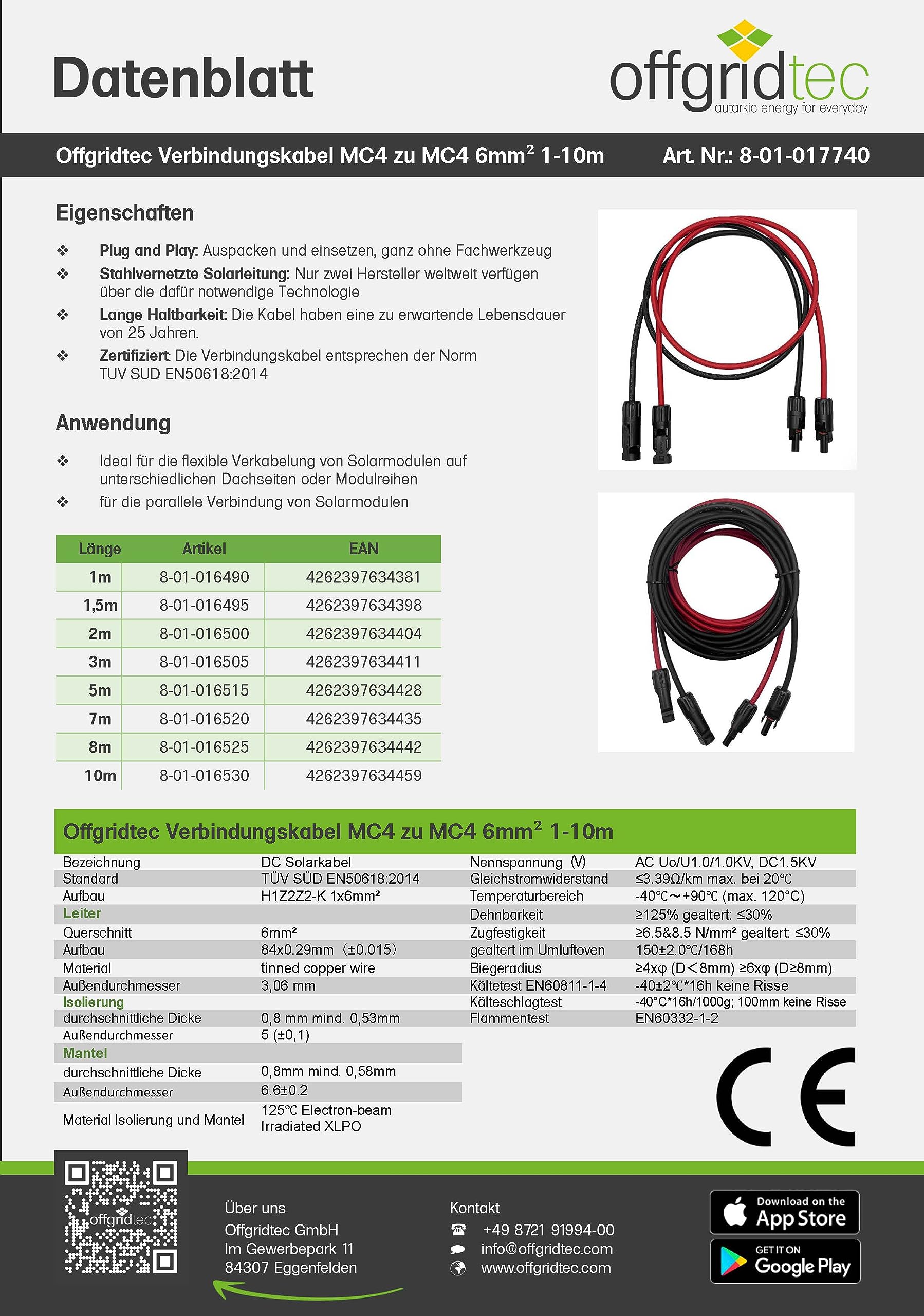 Offgridtec Solar-Verlängerungskabel, PV-Stecker zu PV-Stecker, 6mm² verzinnte Kupferlitze, doppelt isoliert, XLPO, TÜV SÜD EN50618-zertifiziert, UV-beständig, für Photovoltaikanlagen (10m,Rot/Schwarz)