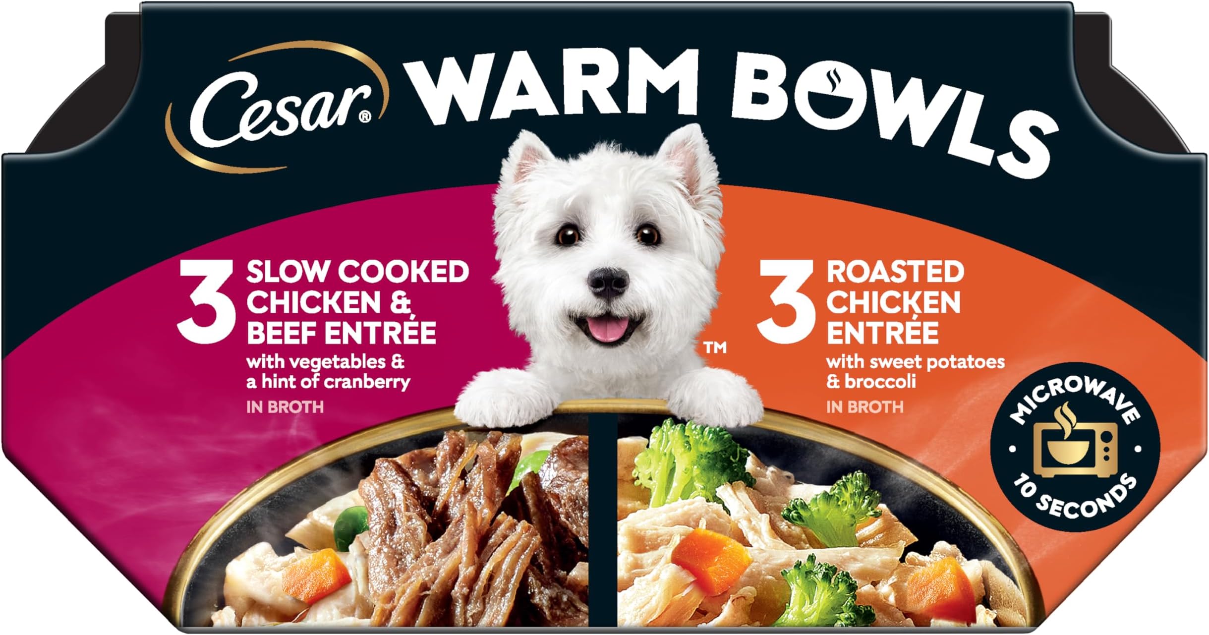 Warm Bowls Wet Dog Food Variety Pack: Chicken & Beef; and Chicken Entrees, Wet Food for Dogs, 2.7 oz Bowls, 6 Count (Pack of 2)