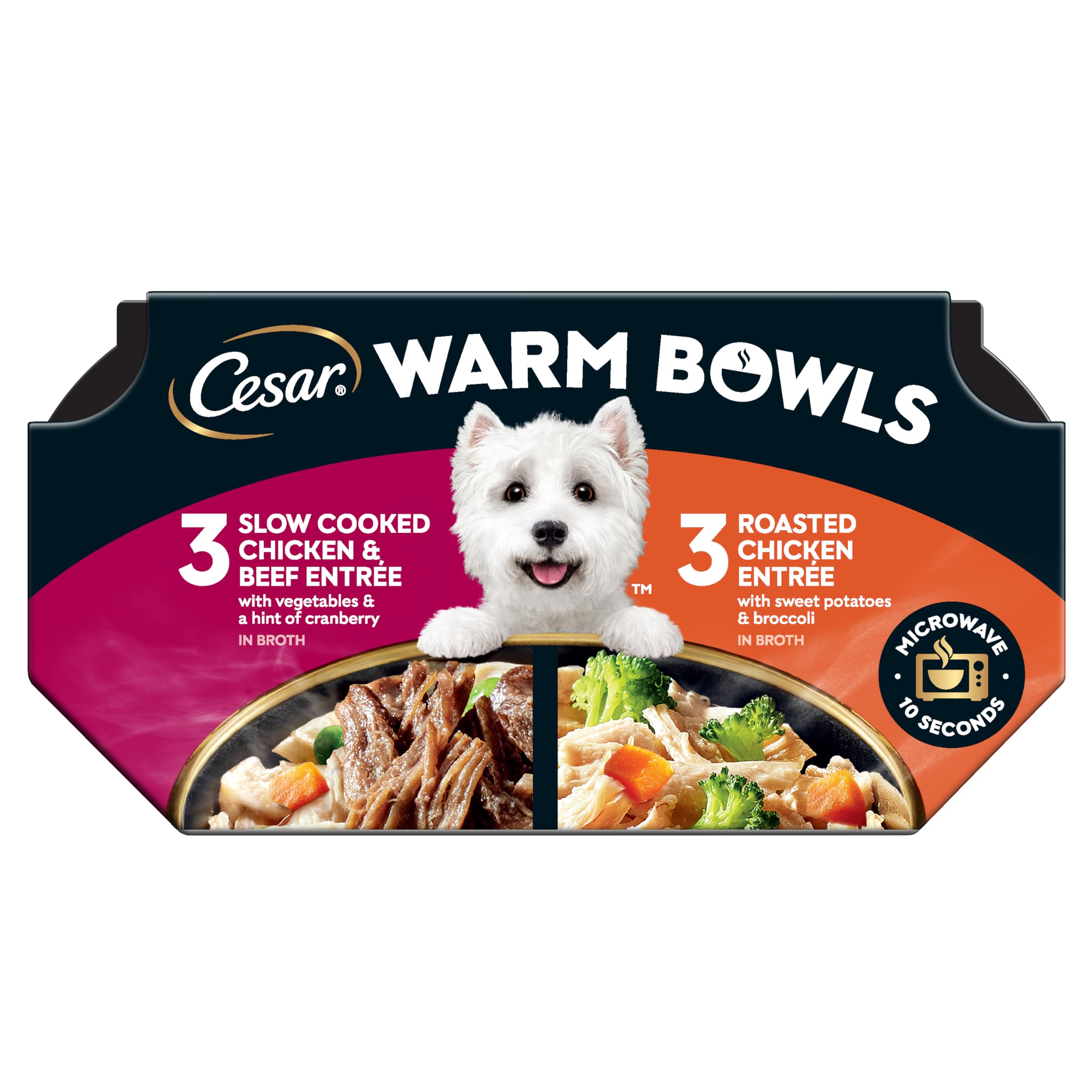 Cesar Warm Bowls Wet Dog Food Variety Pack: Chicken & Beef; and Chicken Entrees, Wet Food for Dogs, 2.7 oz Bowls, 6 Count (Pack of 2)
