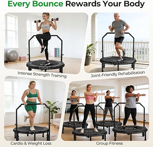 Miniatura 6 de BCAN BT2 450/550LBS Mini Rebounder Trampoline for Adults with Bar, Fitness Trampoline with Bungees, Adjustable Handle, Stable & Quiet, Indoor