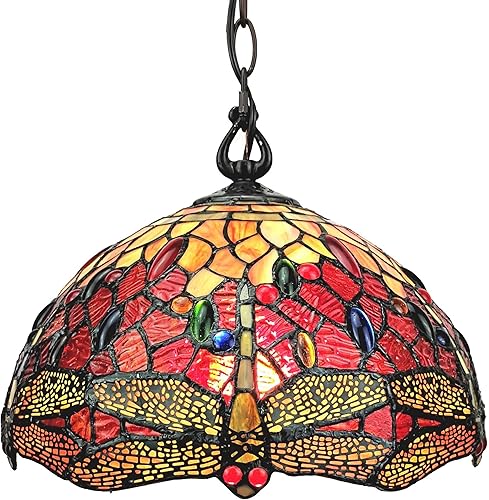 Lámpara colgante estilo Tiffany de 14 pulgadas de ancho con vitrales rojos, libélula roja, decoración de luz vintage antigua, restaurante, juego,