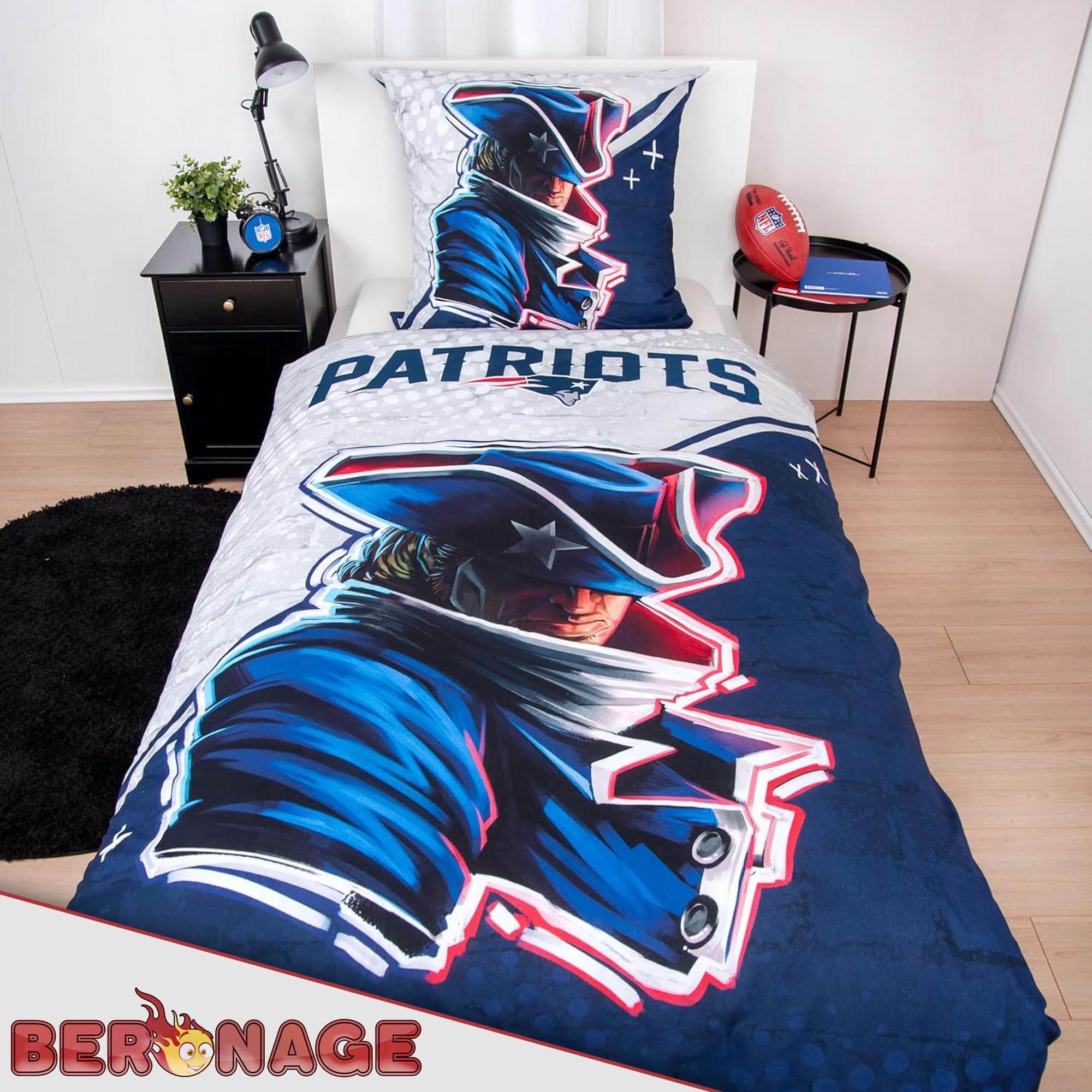 NFL New England Patriots Go Pats komplet pościeli 135 x 200 cm + 80 x 80 cm, 100% bawełna, Renforcé Linon, zestaw dwustronnej pościeli YKK, zamek błyskawiczny YKK