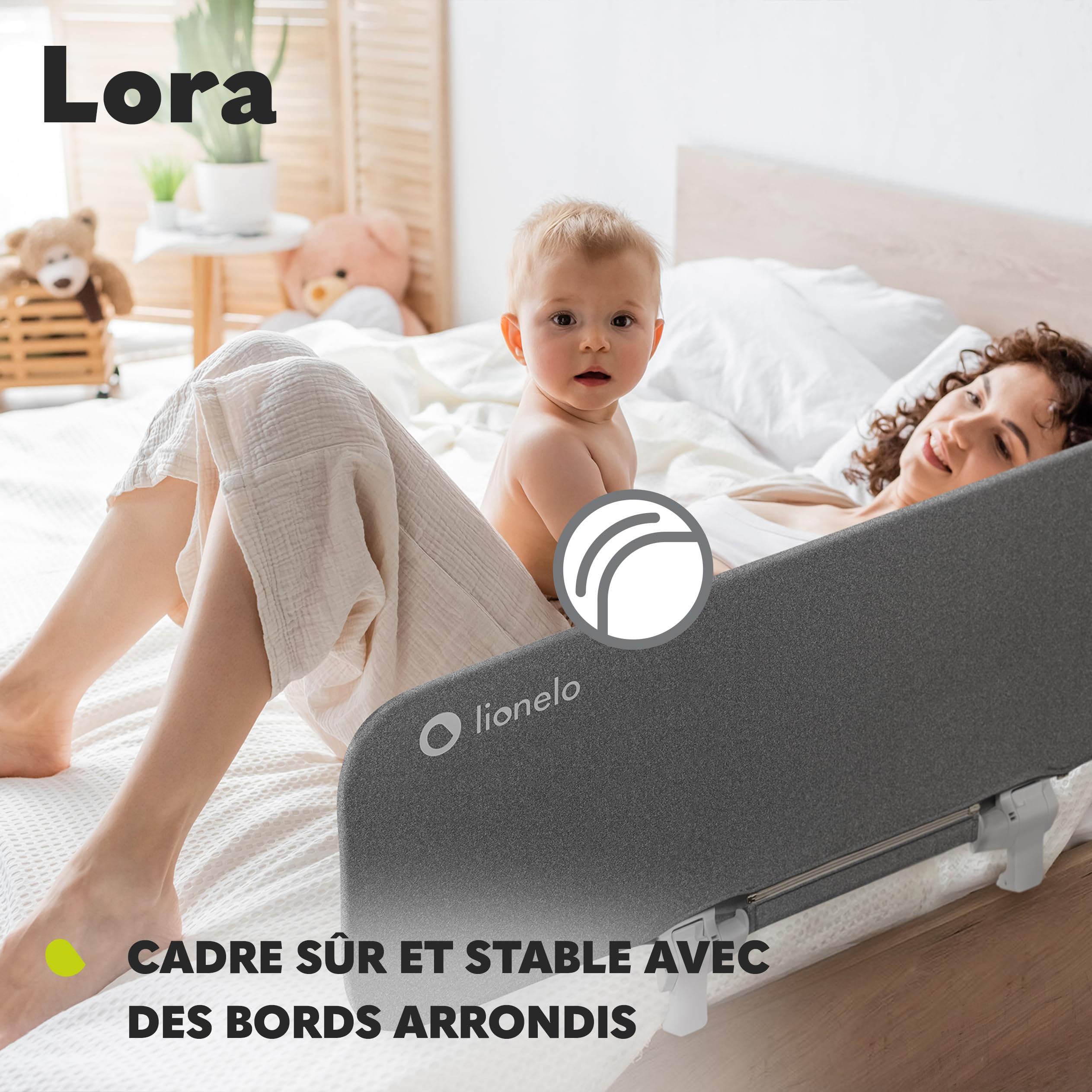 Lionelo Lora Barrière de lit Portable Pliable Enfants, Inclinaison réglable 180°, lit 45-105 cm, StandSafe, Protection Chutes Gris