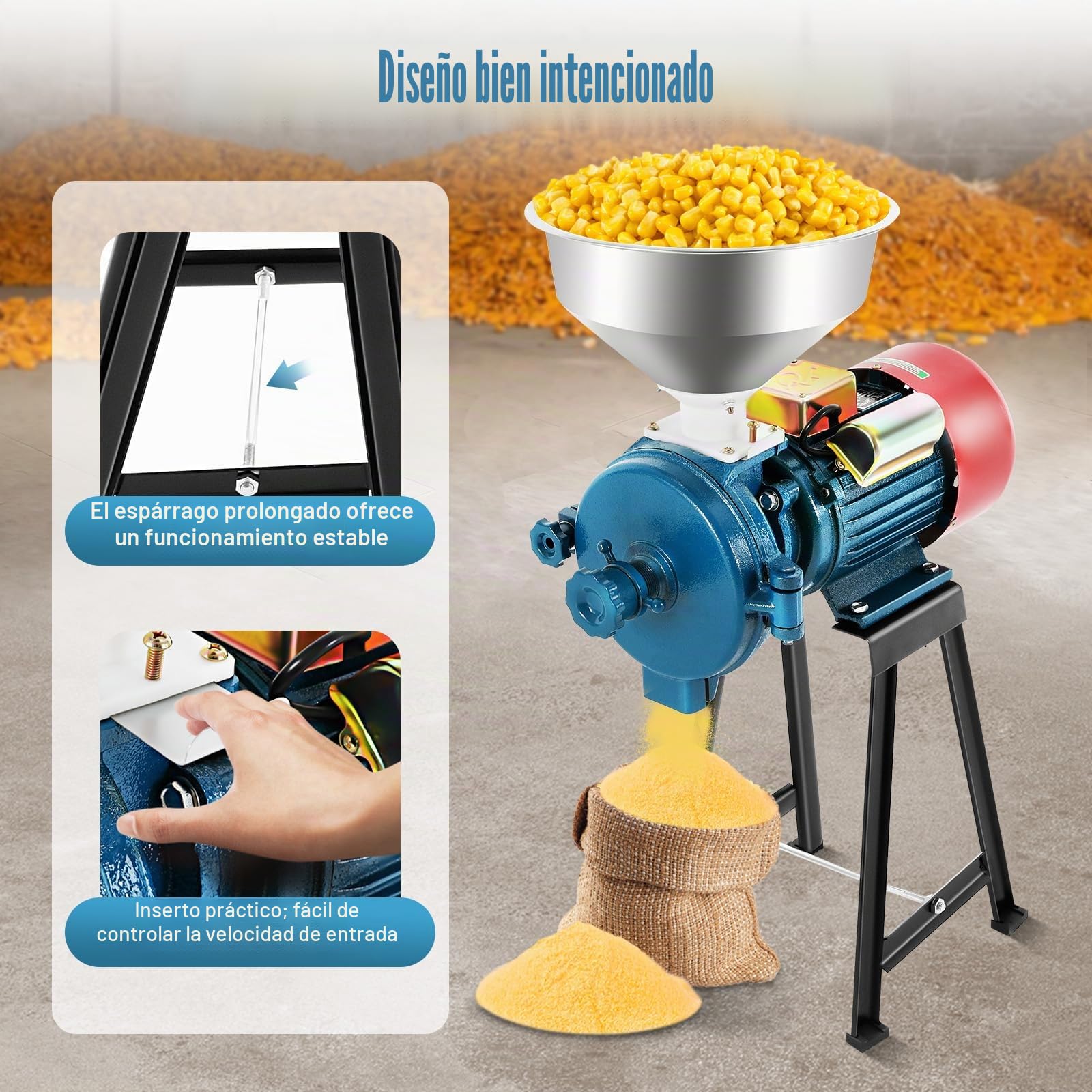 Molino eléctrico de granos,2200W Molino de grano 1400 RPM de alta eficiencia abrasivo con 1 embudo Molino de harina de trigo seco, para cereales, maíz, pajita