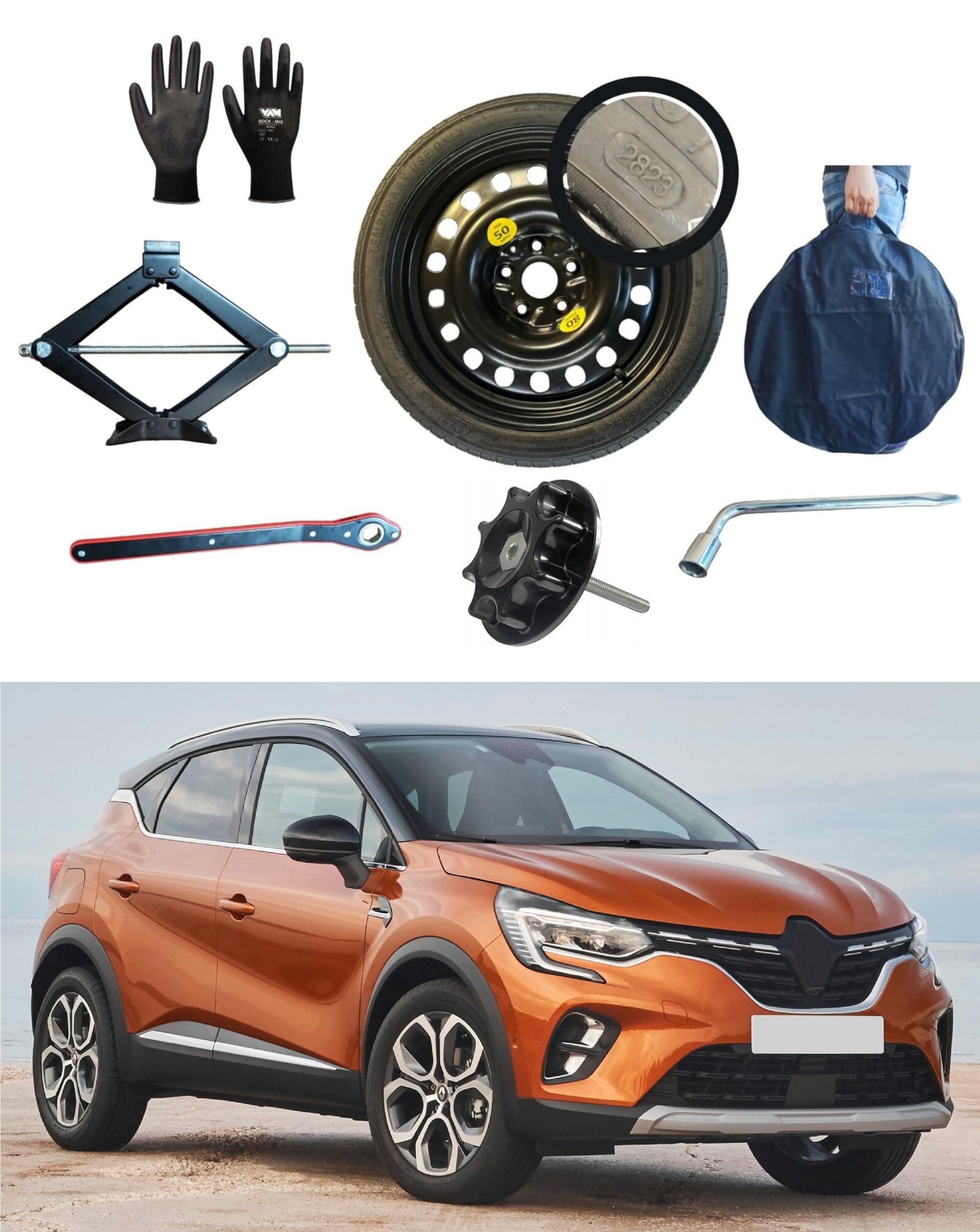 Kit Ruotino di Scorta 18" compatibile con Renault Captur 5 fori (2020>) con Cric, Chiave, Vite, Guanti e Sacca