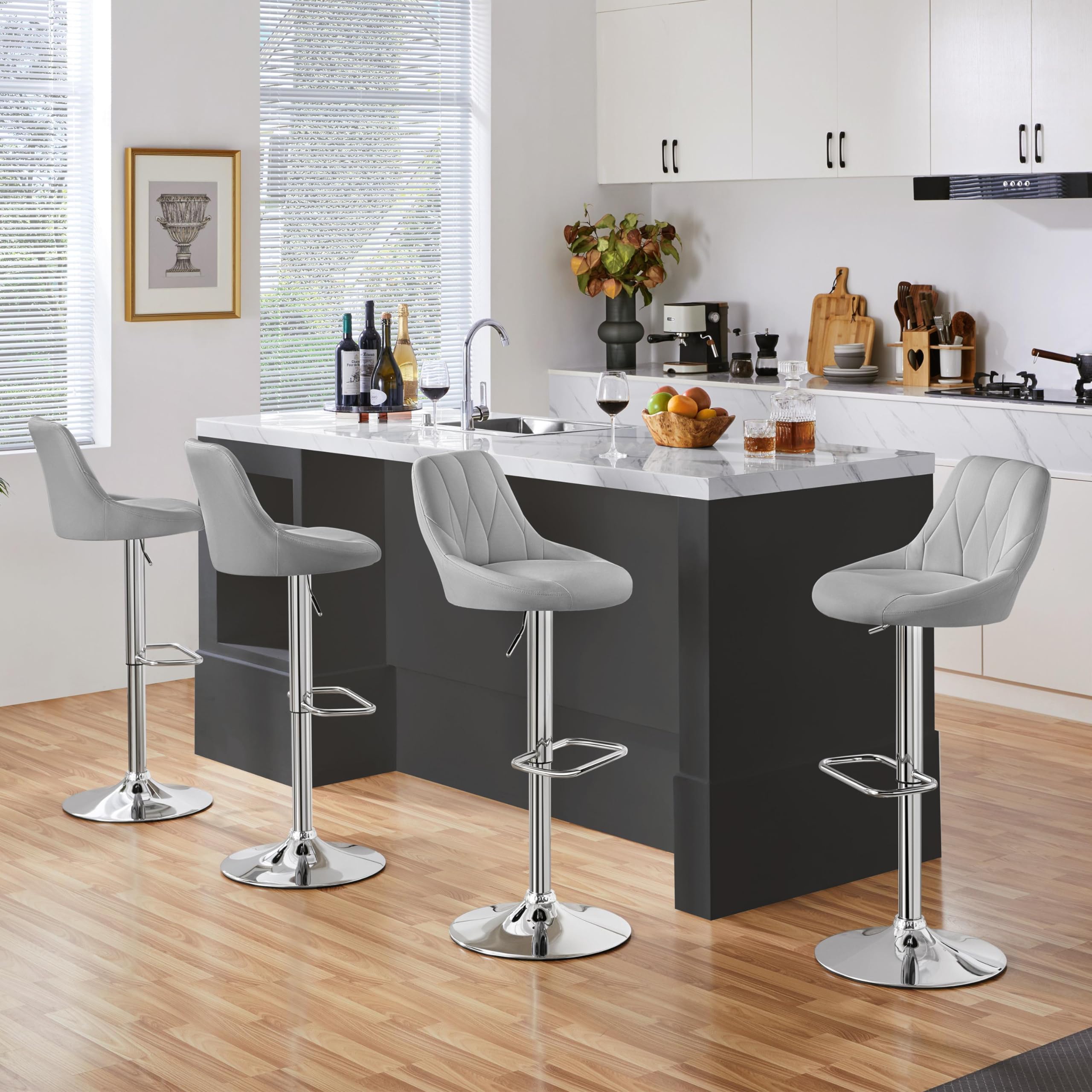 Yaheetech Lot de 4 Tabourets de Bar en Similicuir Hauteur Réglable de 86 cm à 107,5 cm Chaises de Bar Assise Pivotante Repose-Pied Carré Tabourets Hauts Cadre Métallique Galvanisé Gris Clair