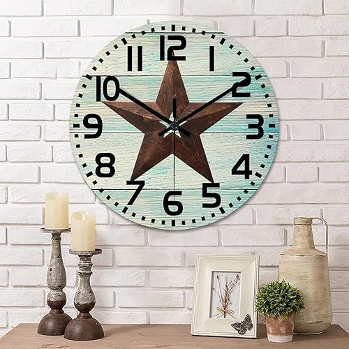 Reloj de pared decorativo de 12 pulgadas con estrella del oeste de Texas vintage reloj de madera de granja silencioso sin tictac funciona con pilas