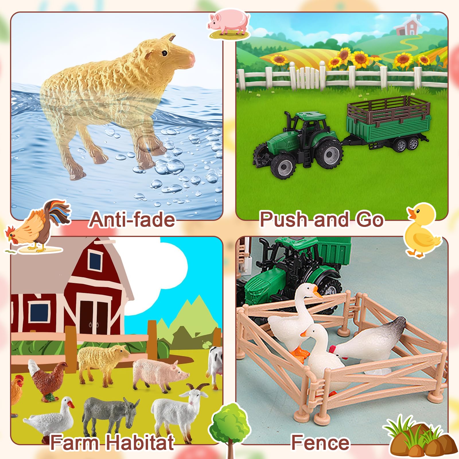 Uoxmiy 32pcs Farm Animals Plastic Realistic Mini Toys Set including Tractor Trailer Vehicle Toy Assembly Fence Farmhouse Barn Playset Farm Animals for 2+ Year Qlds - Image 3