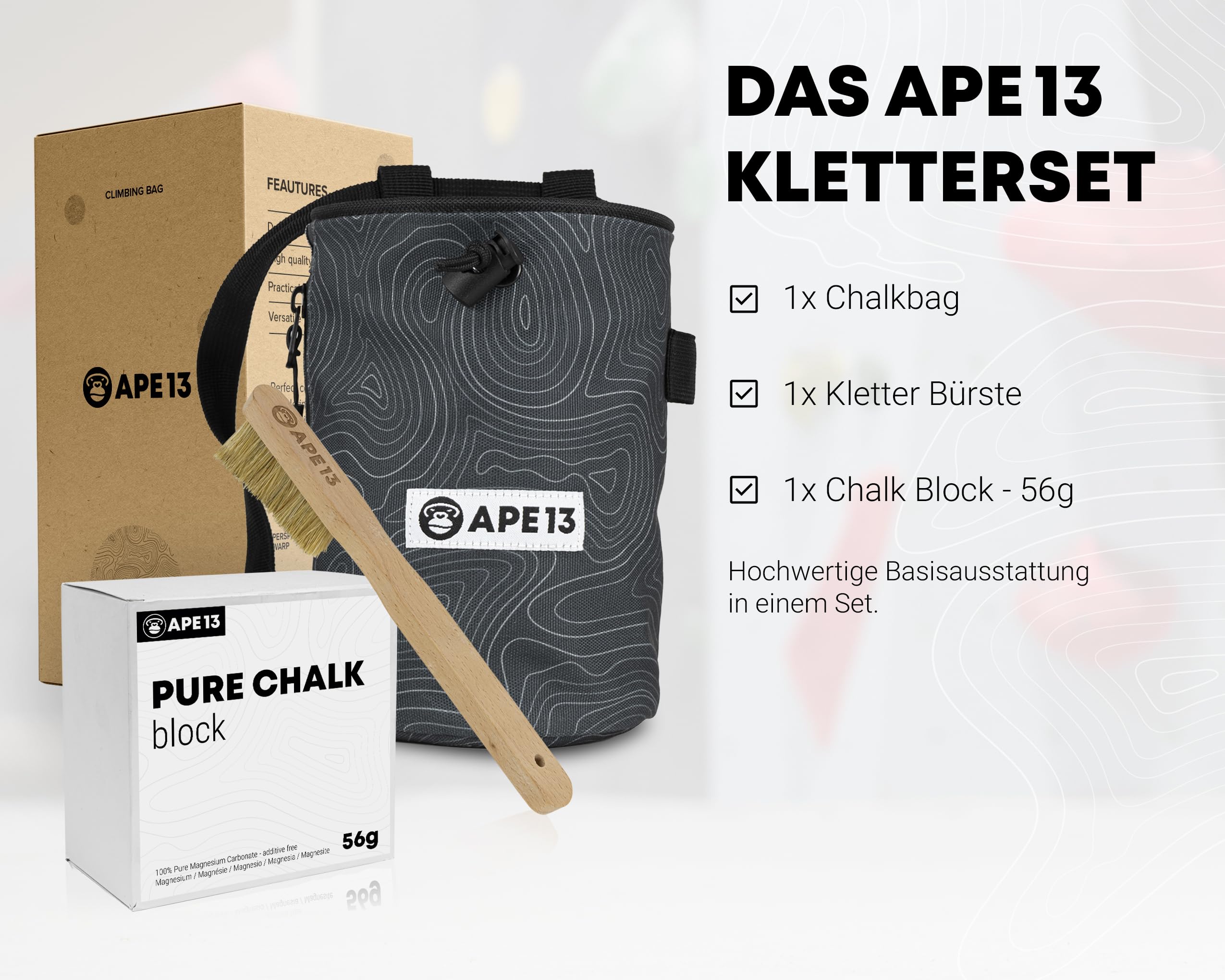 Chalk Bag zum Klettern und Bouldern (als Set & Einzeln) - inkl. Gurtband, Tasche, Halter für Bürste - Boulder Beutel für Magnesium - Kletter Chalkbag groß für Kalk/Kreide/Magnesia
