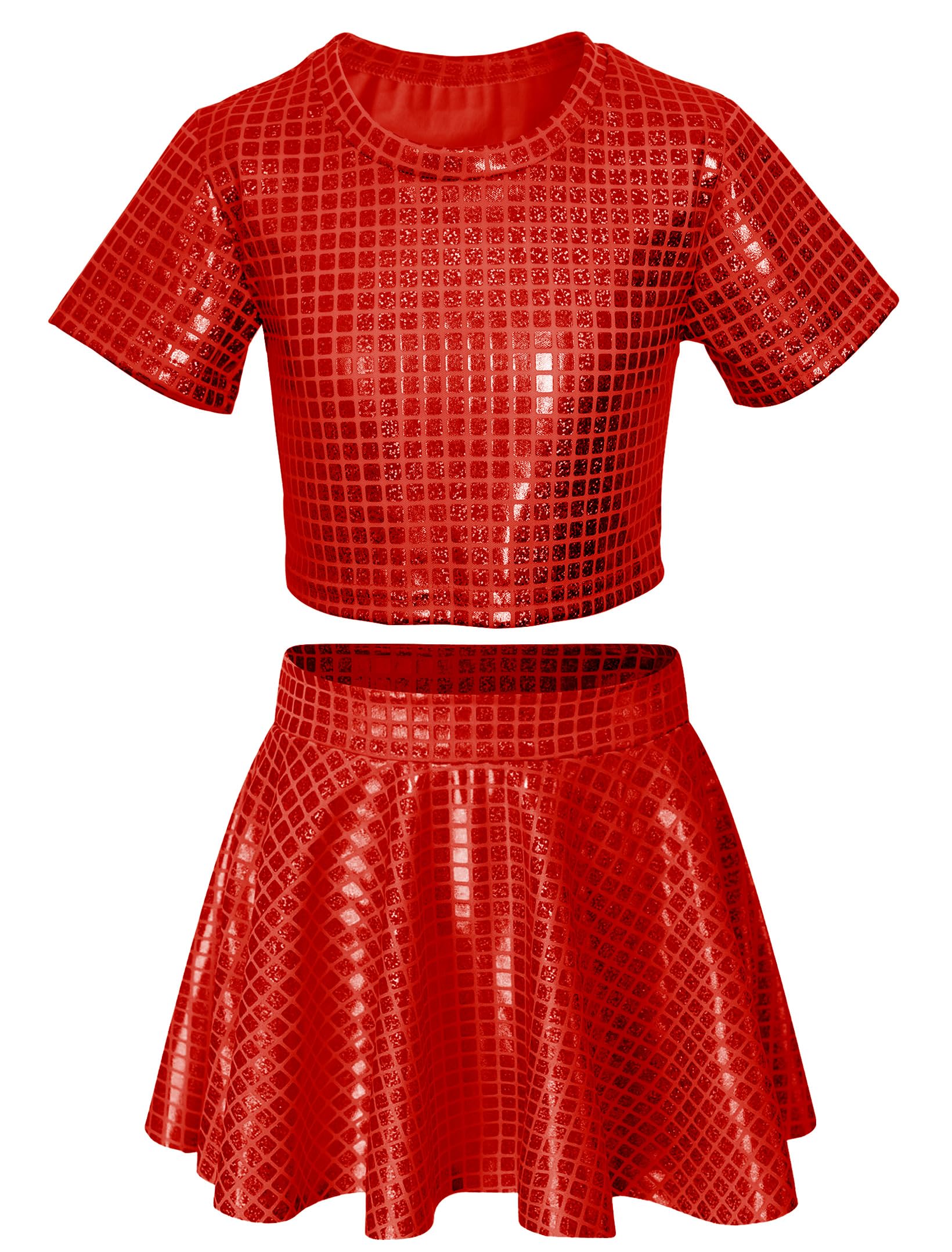 Sequin Top for Girls with Shiny Skirt Disco 0utfit Metallic Dress Performance Kids 3-13T