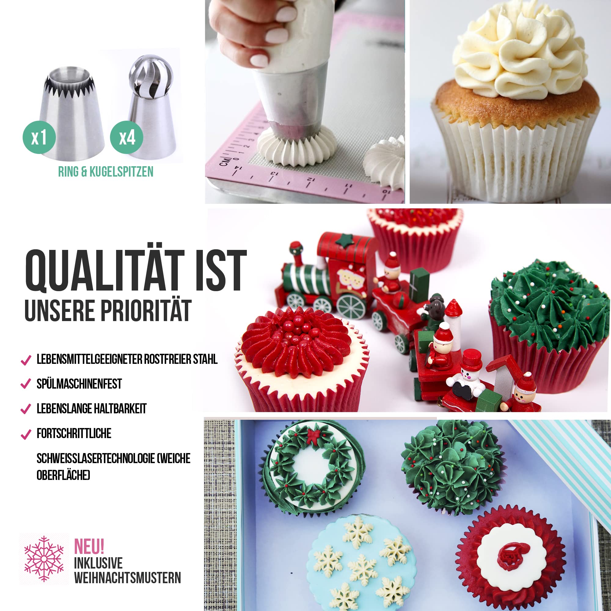 92 tlg Russische Spritztüllen Set Profi aus Edelstahl für Torten Dekoration: 65 Große-Blumen-Tüllen, 20 Einwegspritzbeutel, Silikon-Beutel, 4 Adapter & Geschenk-Box – plus Handbuch