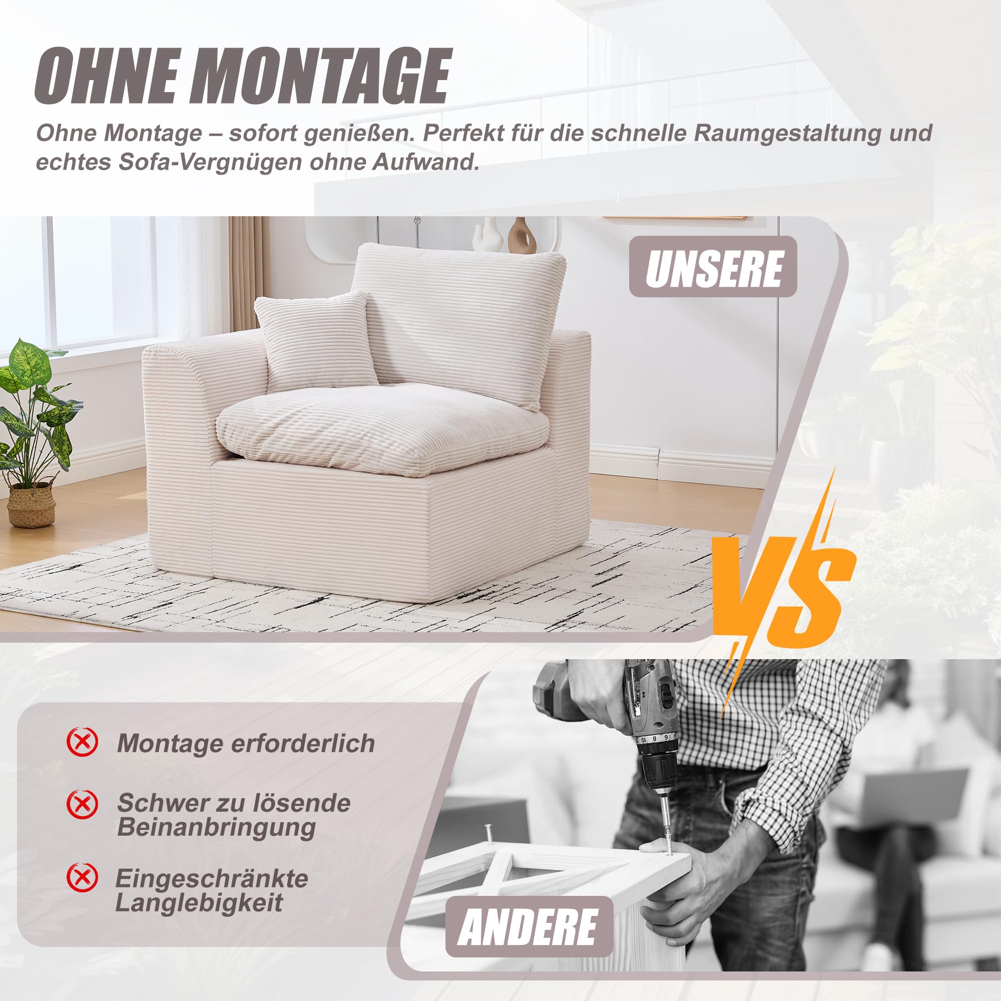 Einzelsitzer-Schlafsofa, Ecksofa mit Kissen Lieferbar, Modernes Cloud Couch im Nordischen, Boneless Couch, Compressed Sofa, Cordsofa, Ideal für Wohnzimmer/Home-Office, Beige