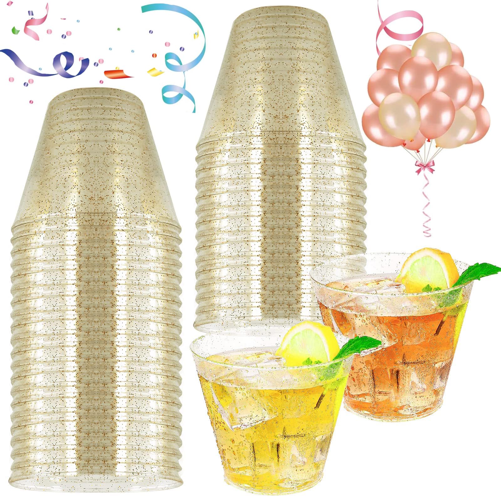 KOWVOWZ 30Pcs 9oz Gold Plastic Cups, Disposable Gold Glitter Plastic Cups, Hard Clear Plastic Cups, Food Grade Party Cups Set, Clear Plastic Cups Tumblers for Wedding, Party Cups