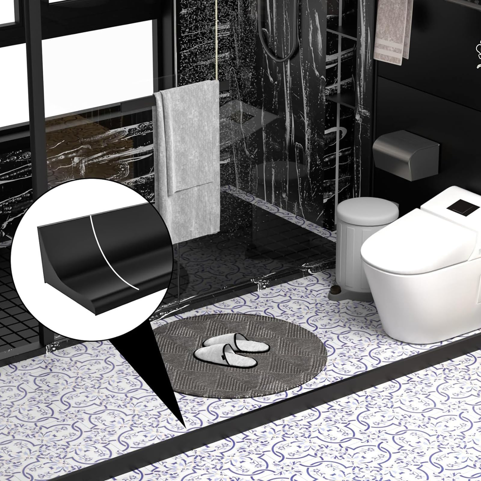 Striscia di tenuta in silicone per barriera per pavimento per ambienti umidi, striscia autoadesiva per bagno, striscia per blocco dell'acqua, barriera per soglia doccia, per separazione bagnato e asci