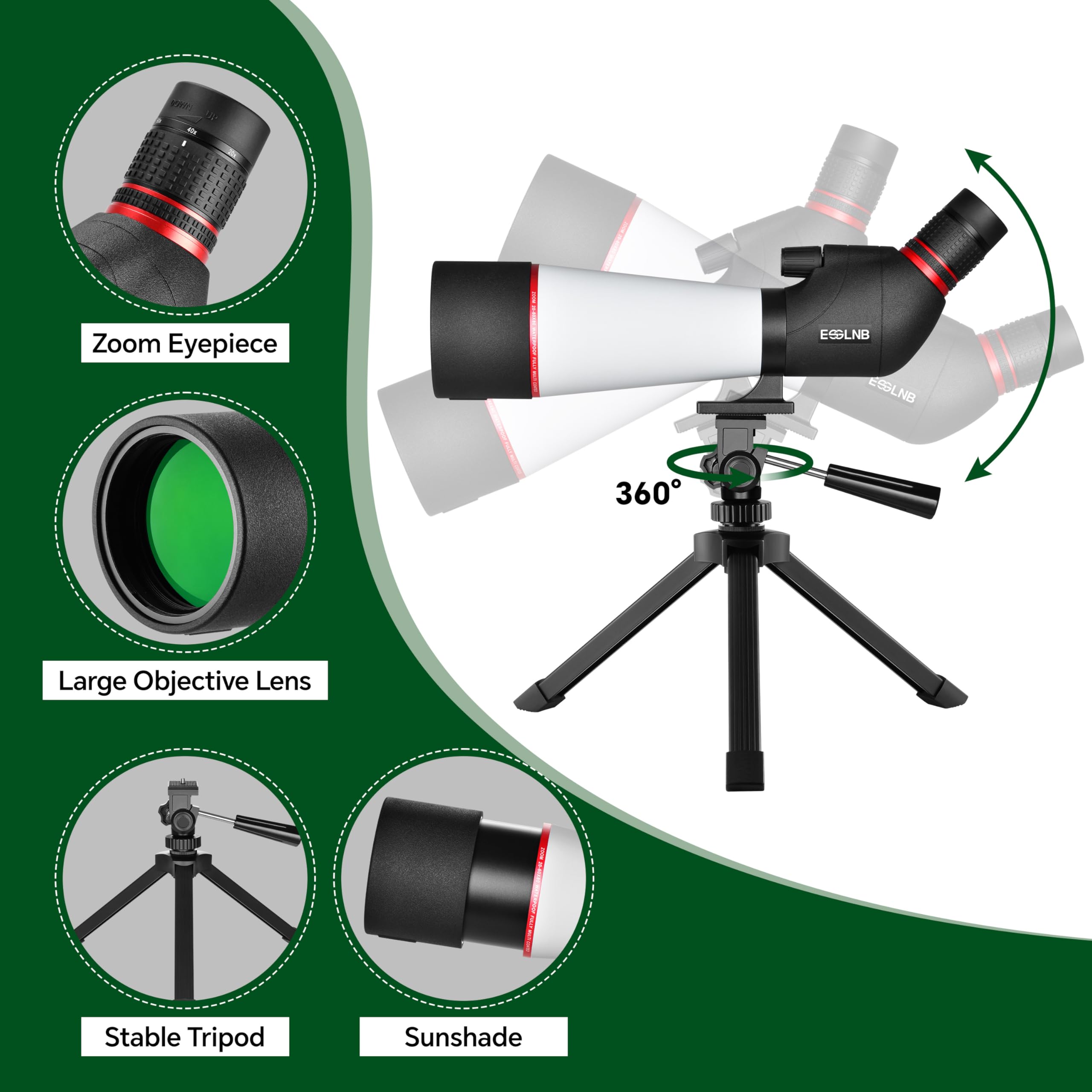ESSLNB Longue-vue 20-60 x 80 cm avec trépied adaptateur pour smartphone et sac 100 % étanche BAK4 entièrement traité multicouche prisme porro pour le tir à la cible, l'observation des oiseaux et