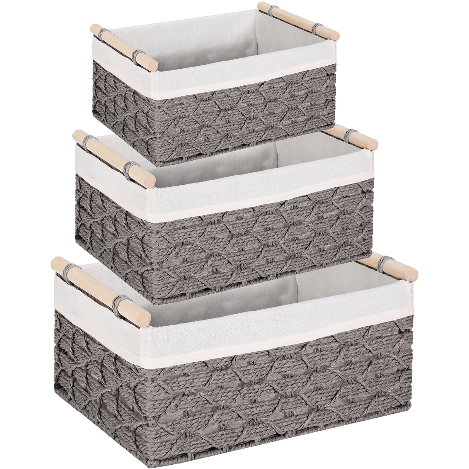 Vagusicc Woven Storage Basket, Hand-Woven Round Paper Rope Wicker Storage Basket with Cotton Liner and Wooden Handles, Wicker Baskets for Shelves Organizing & Decor, Grey, 3-Pack