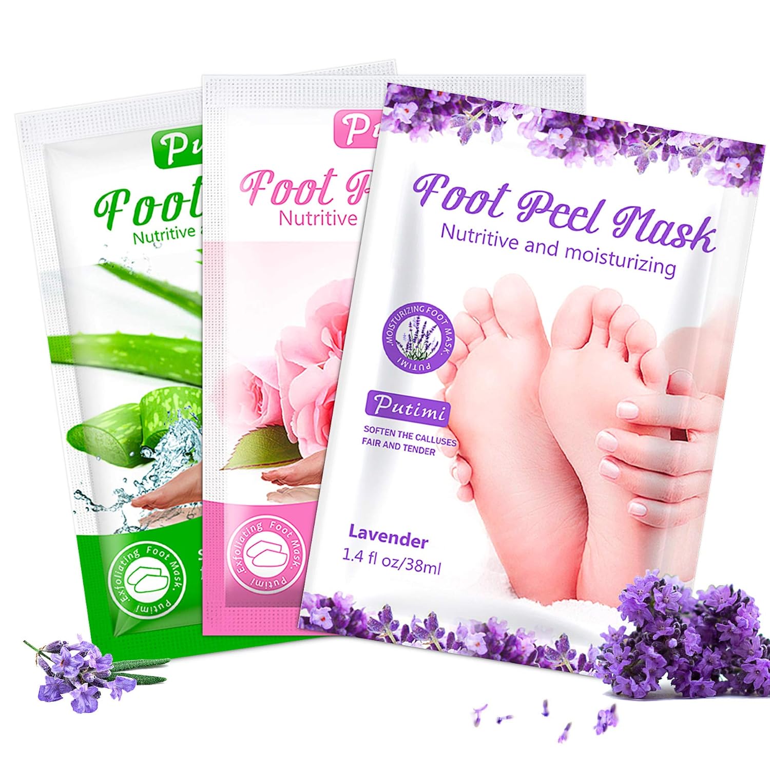 Foot Peel Mask 3 Pack Exfoliating Foot Mask for Callus and Dry Dead Skin Repair Rough Heels Get Baby Soft Smooth Touch Feet for Man Woman ( Lavender Rose Aloe ) image