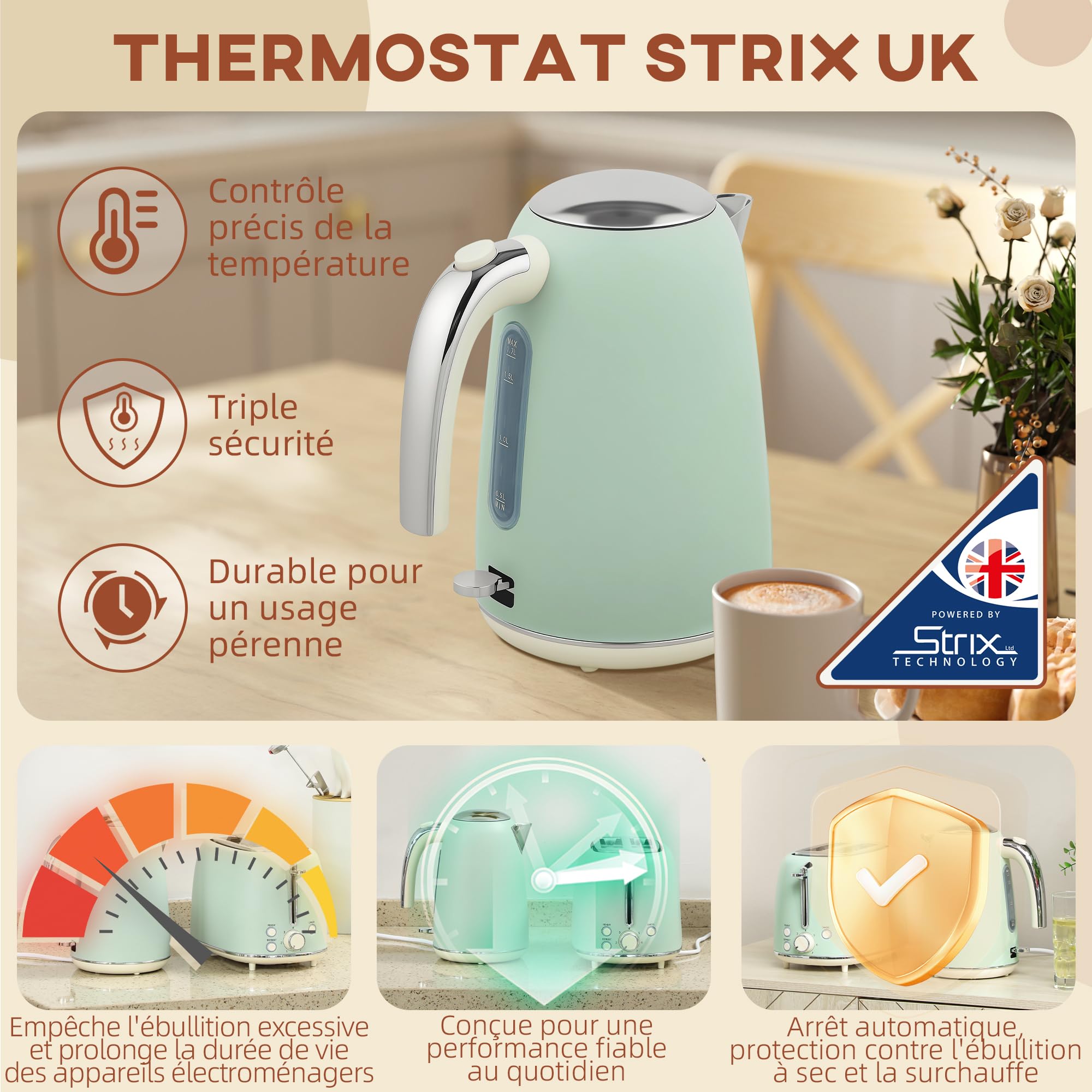 HOMCOM Ensemble bouilloire et grille-pain en inox 2200 W et 1,7 L, grille-pain 2 tranches, 7 niveaux de brunissage, chauffage rapide, thermostat Strix, filtre anticalcaire et plateau à miettes, vert