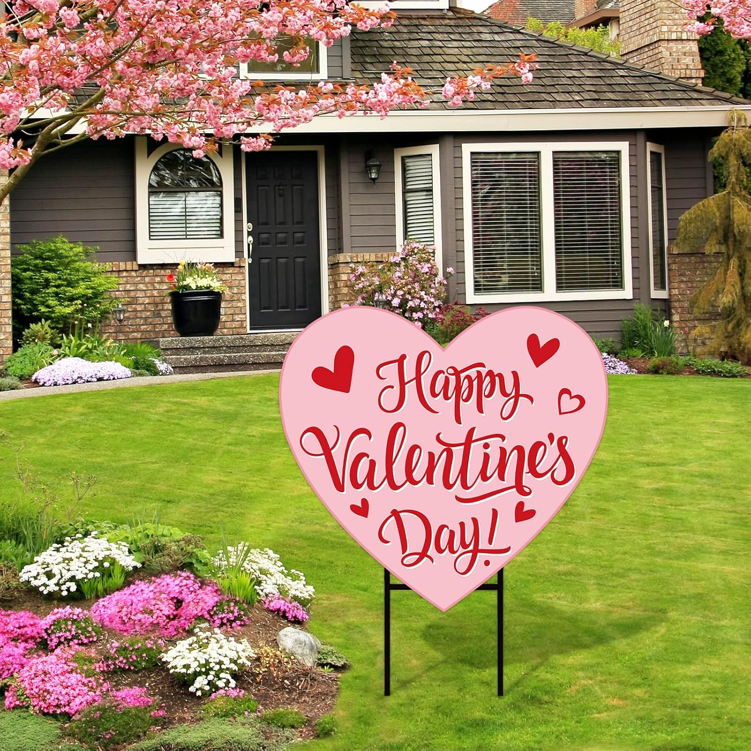 FYSUIMU Happy Valentine' s Day Metal Garden Stake Welcome Yard Sign Pink Love Heart Decorative Lawn Sign for Wedding Anniversary Home Outside Lawn Porch Walkway Decor