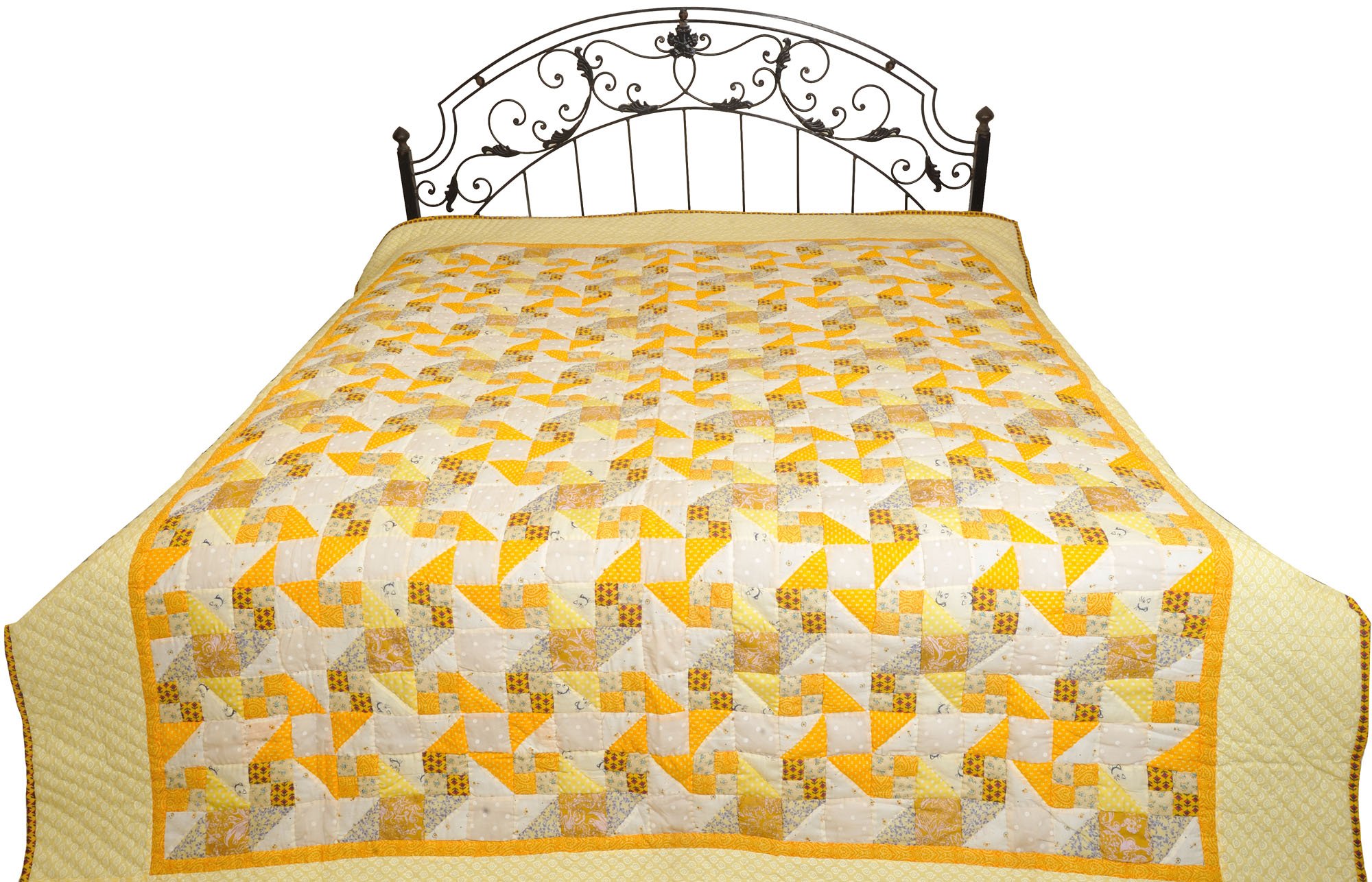 Exotic India French-Vanilla Printed Reversible Blanket from Dehradun with Kantha Stitch - Pure Cotto-image-16