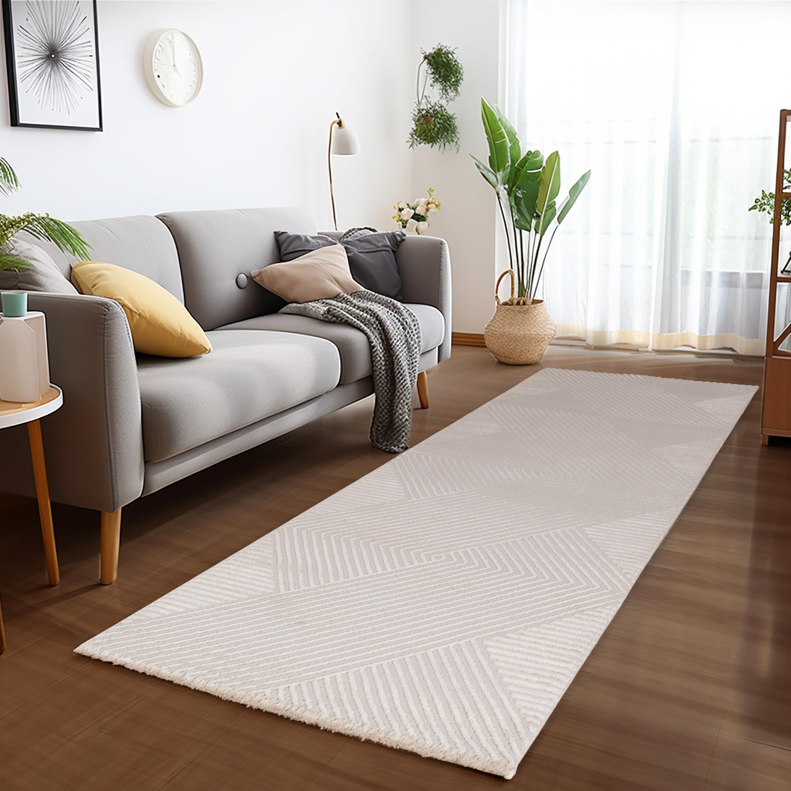 HomebyHome Tapis Salon 200x290 cm Beige Moderne Scandinave Boho Uni Effet 3D Doux Lavable Facile d'entretien Antidérapant pour Chambre Salle à Manger