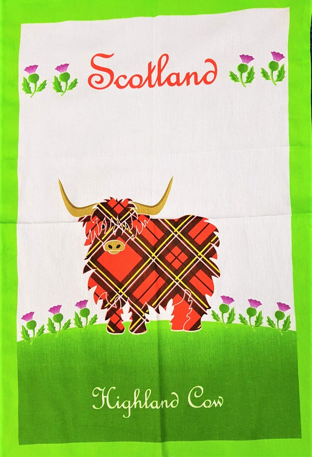 Royal Tara Scottish Cotton Tea Towel with Highland Red Tartan Cow - Scotland Thistle Kitchen Dish Cloth H67cm W45cm
