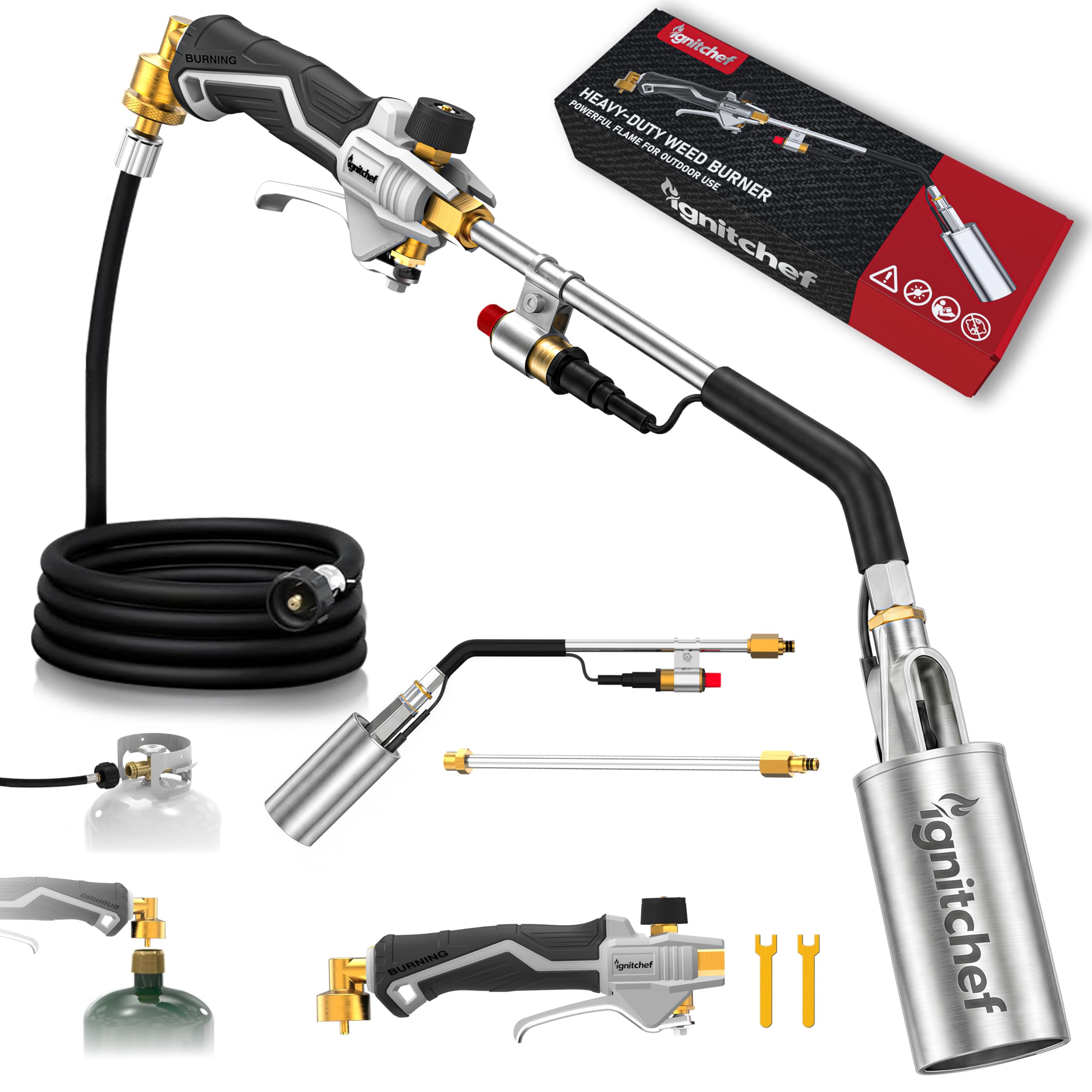 CSA Certified Propane Torch Weed Burner With 12.5-ft Hose Kit, High Output 340,000 BTU Weed Torch with Self Igniter and Turbo Trigger, Long/Short Mode, Dual Fuel Support for Garden, Ice, BBQ