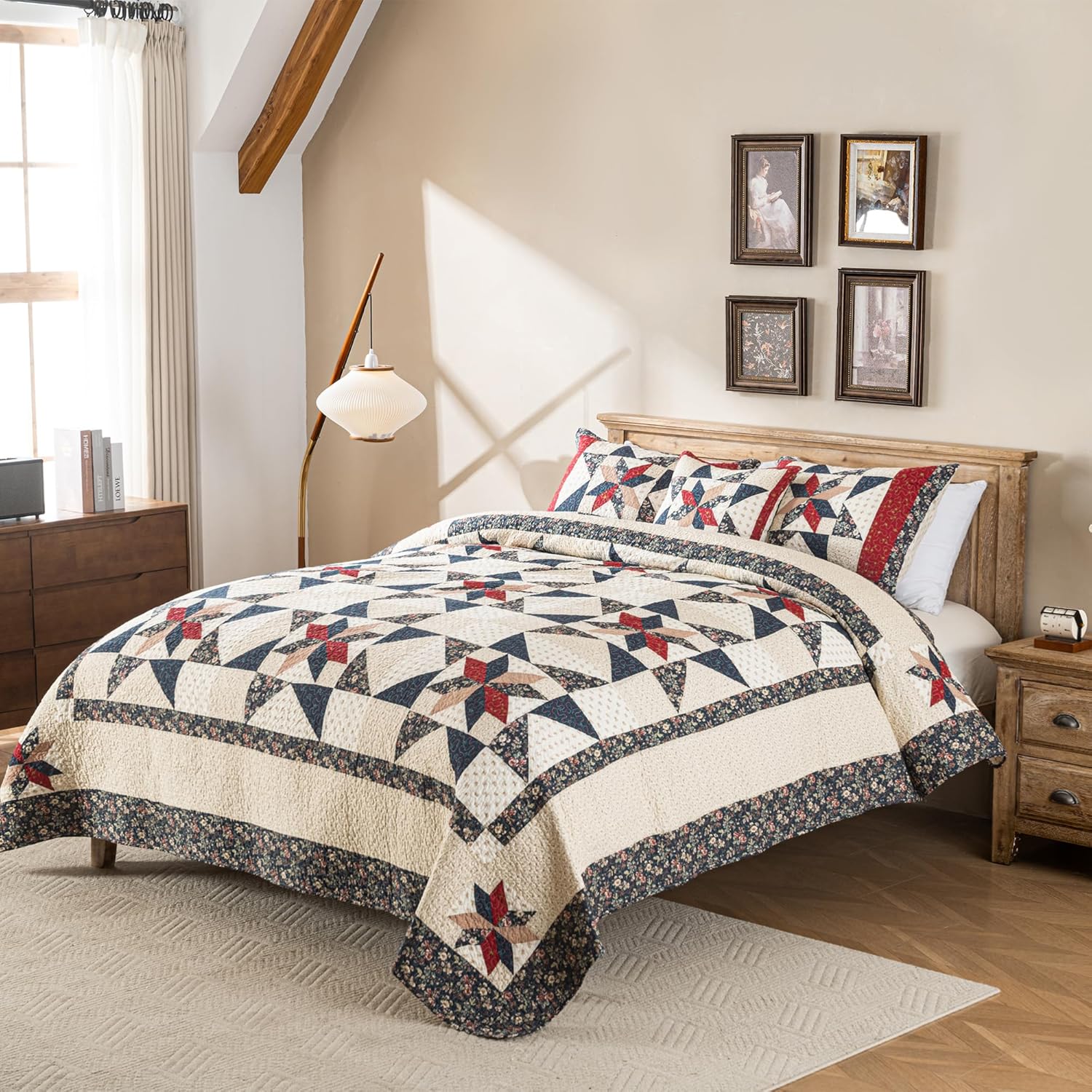 Star Patchwork Quilt Set King Size Country Comforter 100% Cotton Reversible Breathable Geometric Quilted Bedspread with 2 Pillow Shams +1 Throw Pillow Cover - Image 3