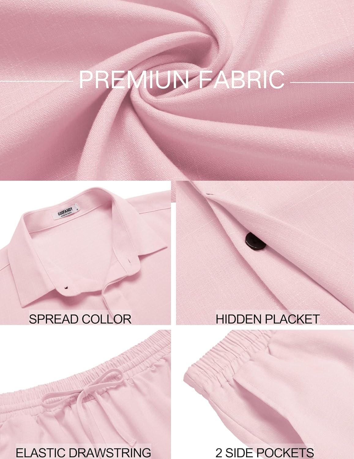 COOFANDY Men's Summer Beach Outfits 2 Piece Short Sleeve Shirts and Shorts Vacation Texture Linen Sets for Men - Image 5