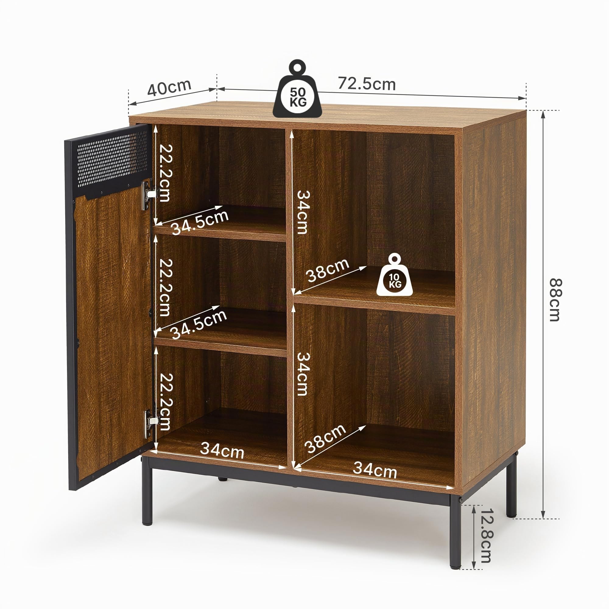 Mondeer Buffet, Meuble de Rangement avec 1 Portes en Compartiment Ouvert pour Salon Chambre Salle à Manger, Style Industriel, L72,5 x H88 x P40 cm, Marron Rustique et Noir