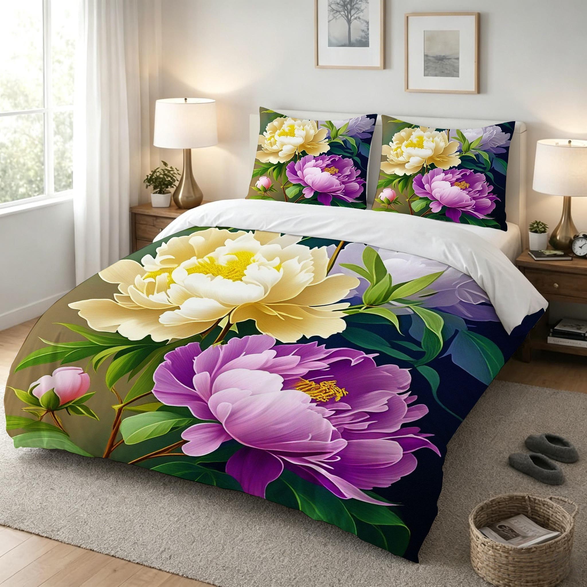 Copripiumino Matrimoniale Peonia Bianca 260x240, ZW870 | Traspiranti Durevoli Microfibra, per Tutta la Famiglia, Matrimoniale, per Tutte le Stagioni, con 2 Federe 50x80 cm