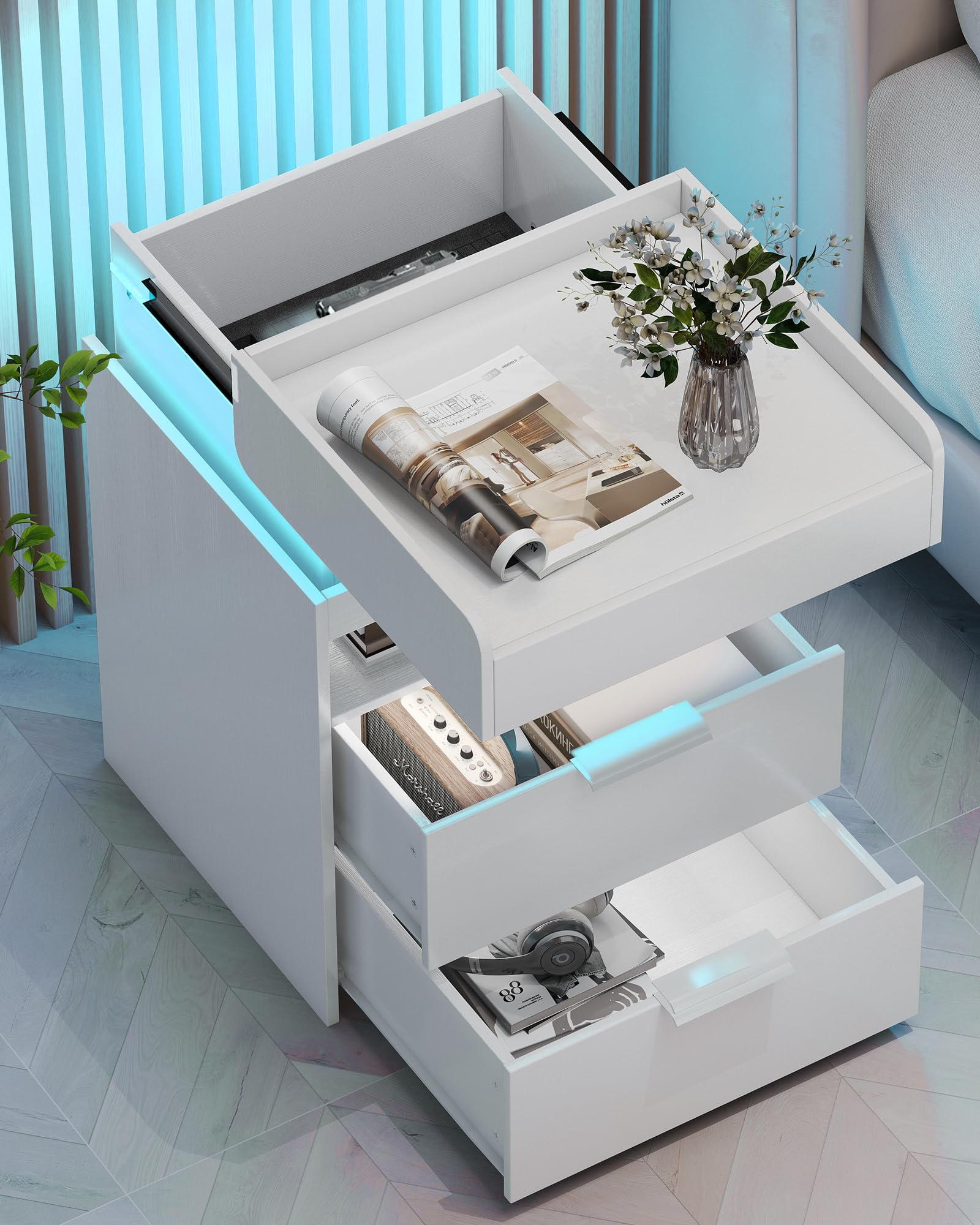Baoz Nightstand with Gun Drawer, Charging Night Stand with USB and AC Ports, LED Nightstand, Nightstands with Gun Drawer, Smart Night Stand with