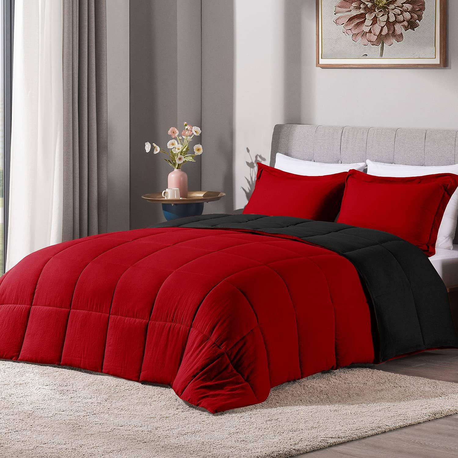LOVTEX 2PCS Twin Size Comforter Sets - Ultra Soft Washed Microfiber Comforter Sets for Twin Size Bed - Reversible Down Alternative Comforter with 1 Pillow Sham(Red/Black)