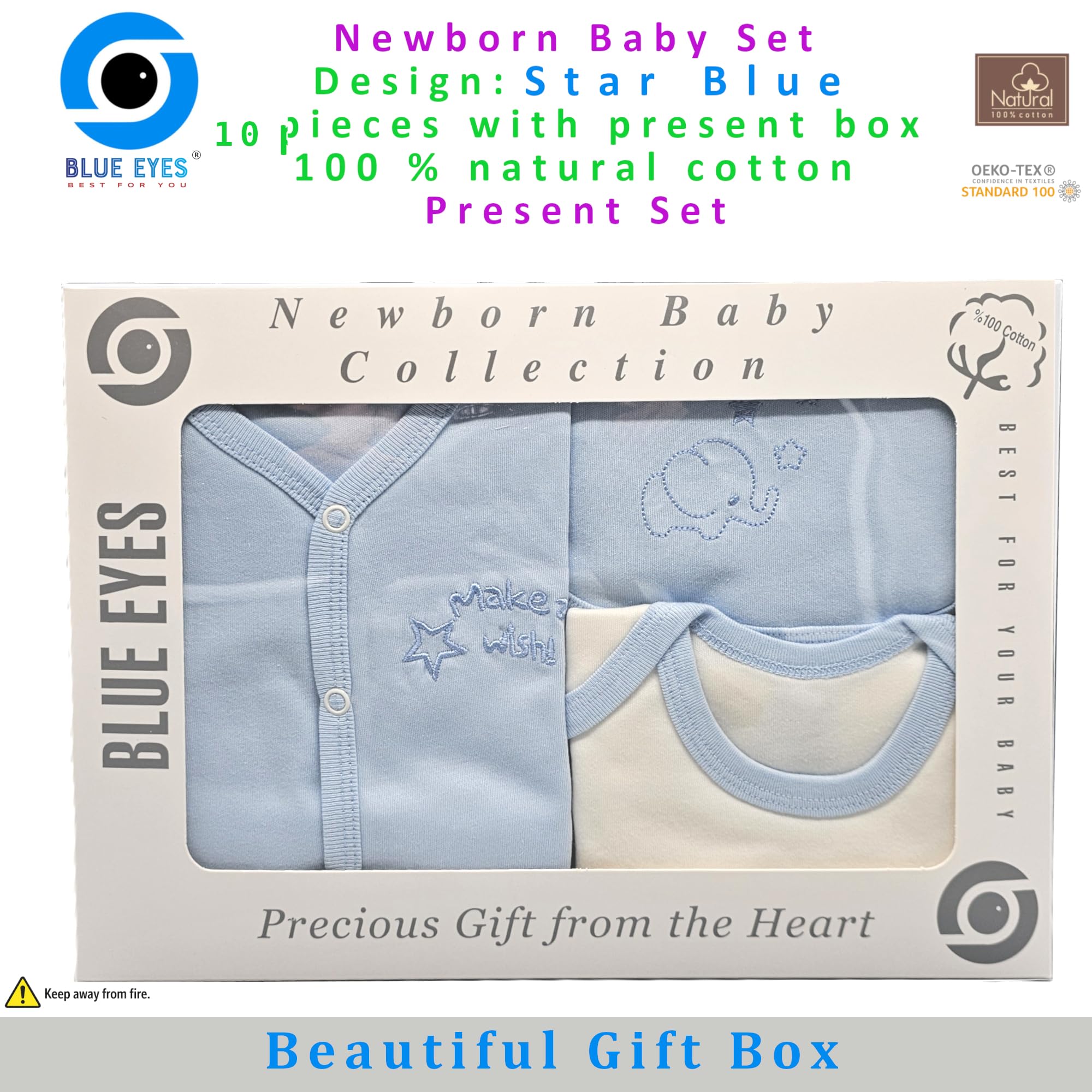 Blue Eyes Set de regalo para recién nacidos, 100 % algodón natural, equipamiento inicial, ropa unisex, set de regalo para bebés de 0 a 4 meses, 10 piezas (azul estrella)
